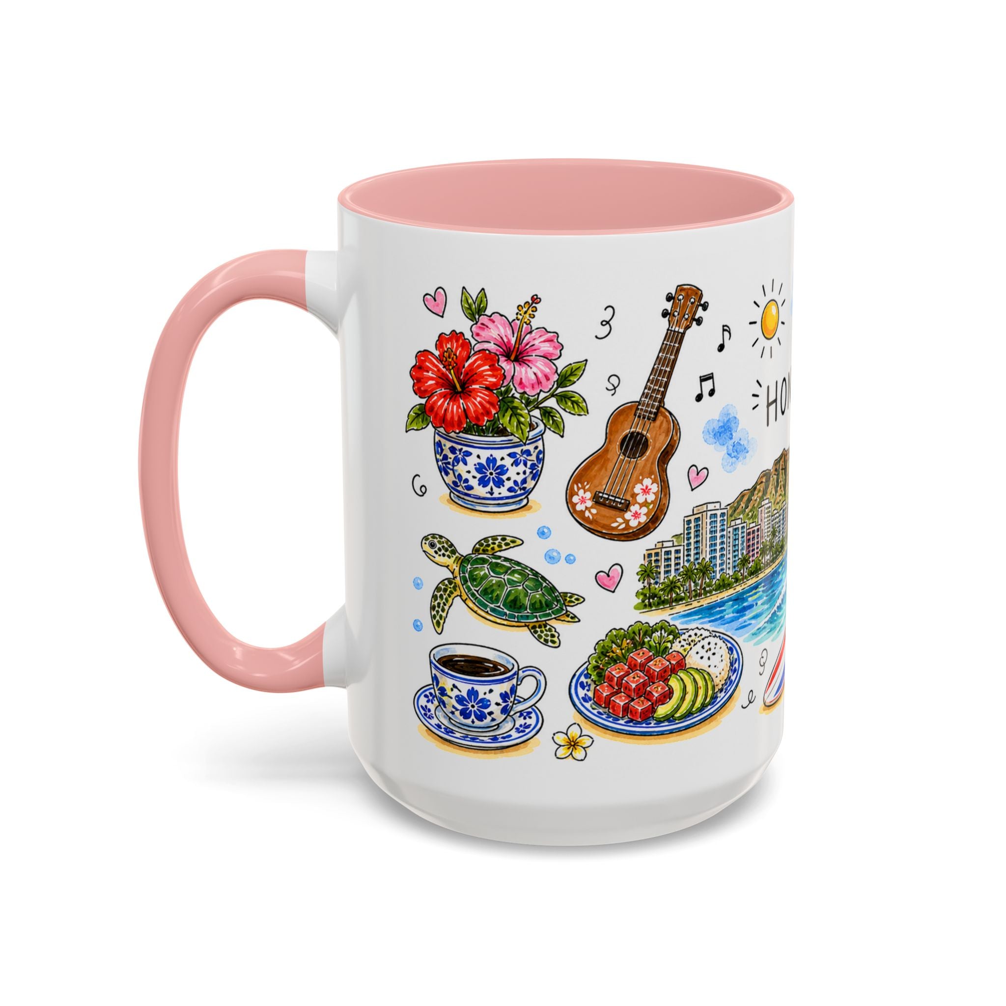 Honolulu Illustrated Travel Mug | City Souvenir Accent Coffee Mug | 11oz 15oz Ceramic Cup