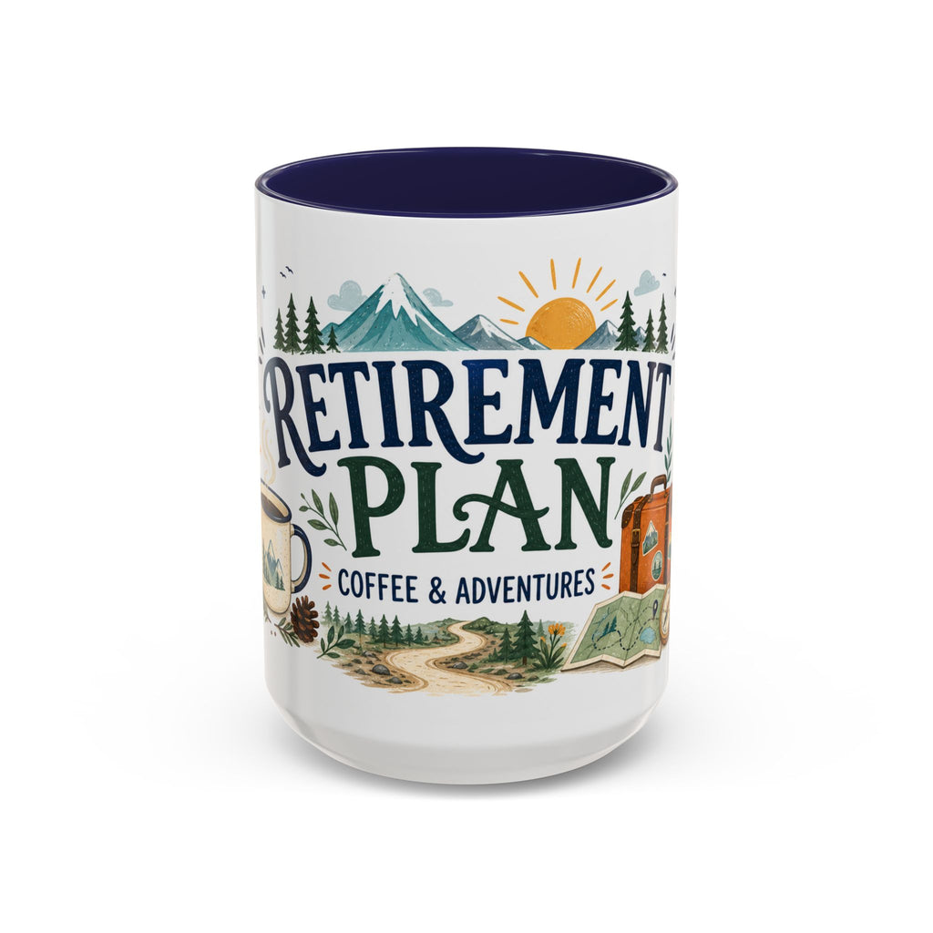 Retirement Plan Coffee And Adventures Mug | Travel Retirement Gift | Accent Color Ceramic 11oz 15oz