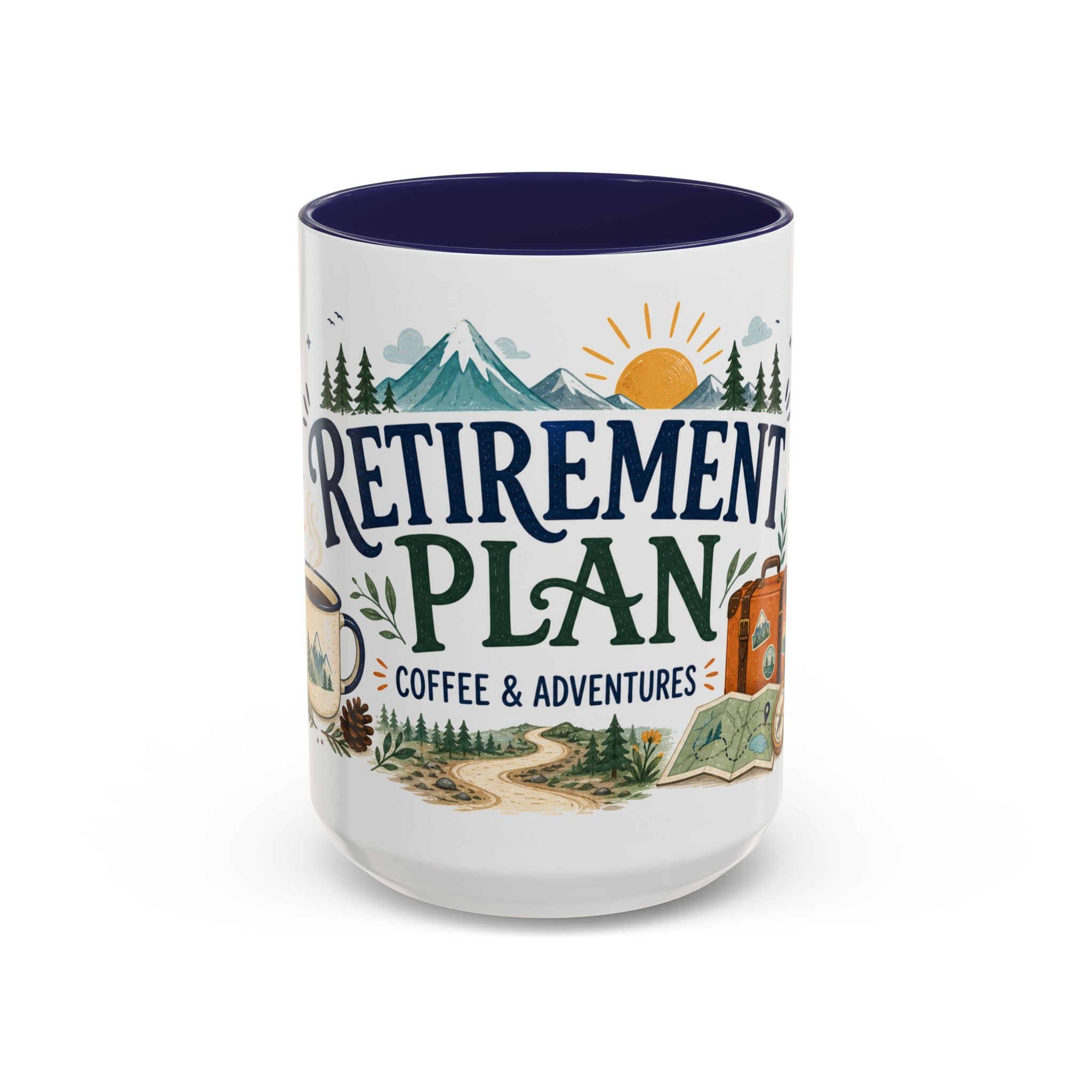 Retirement Plan Coffee And Adventures Mug | Travel Retirement Gift | Accent Color Ceramic 11oz 15oz