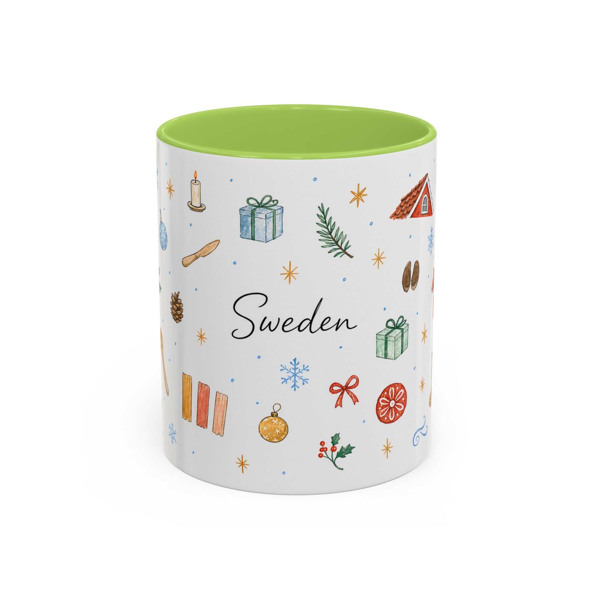Sweden Christmas Mug | Watercolor Travel Souvenir | Holiday Gift | Accent Ceramic Coffee Cup 11oz 15oz