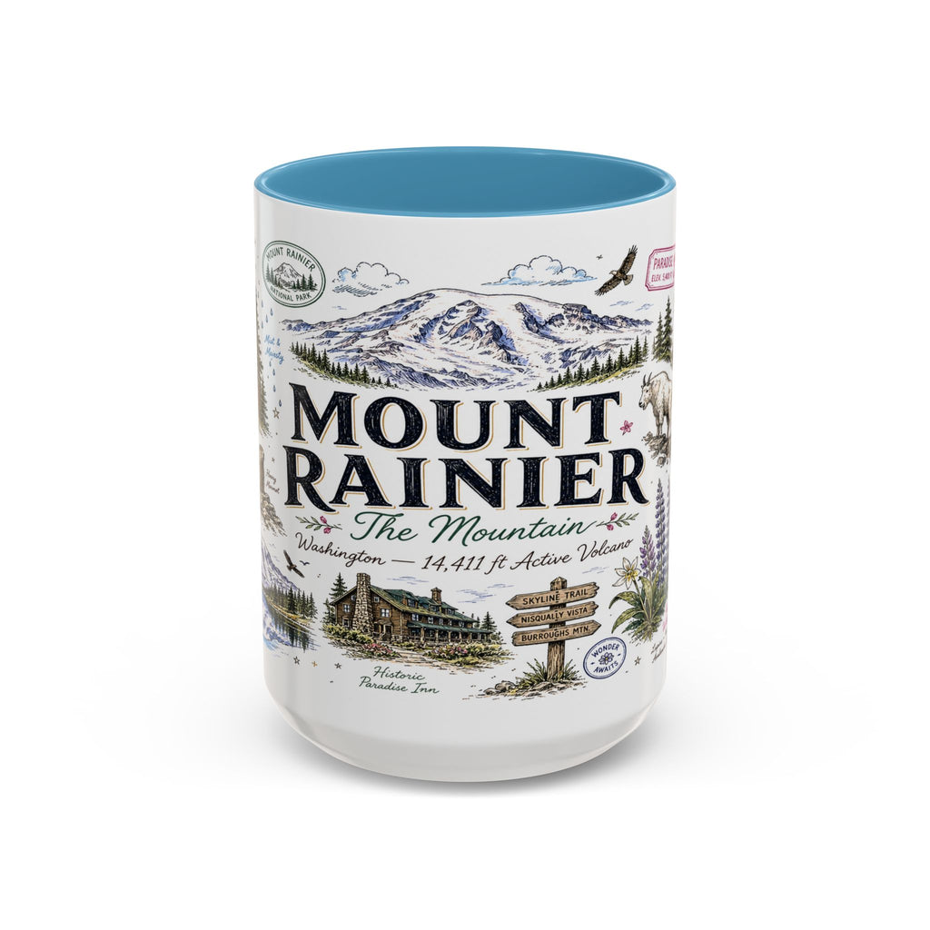 Mount Rainier Coffee Mug | National Park Hiking Washington Gift | Accent Color Ceramic 11oz 15oz