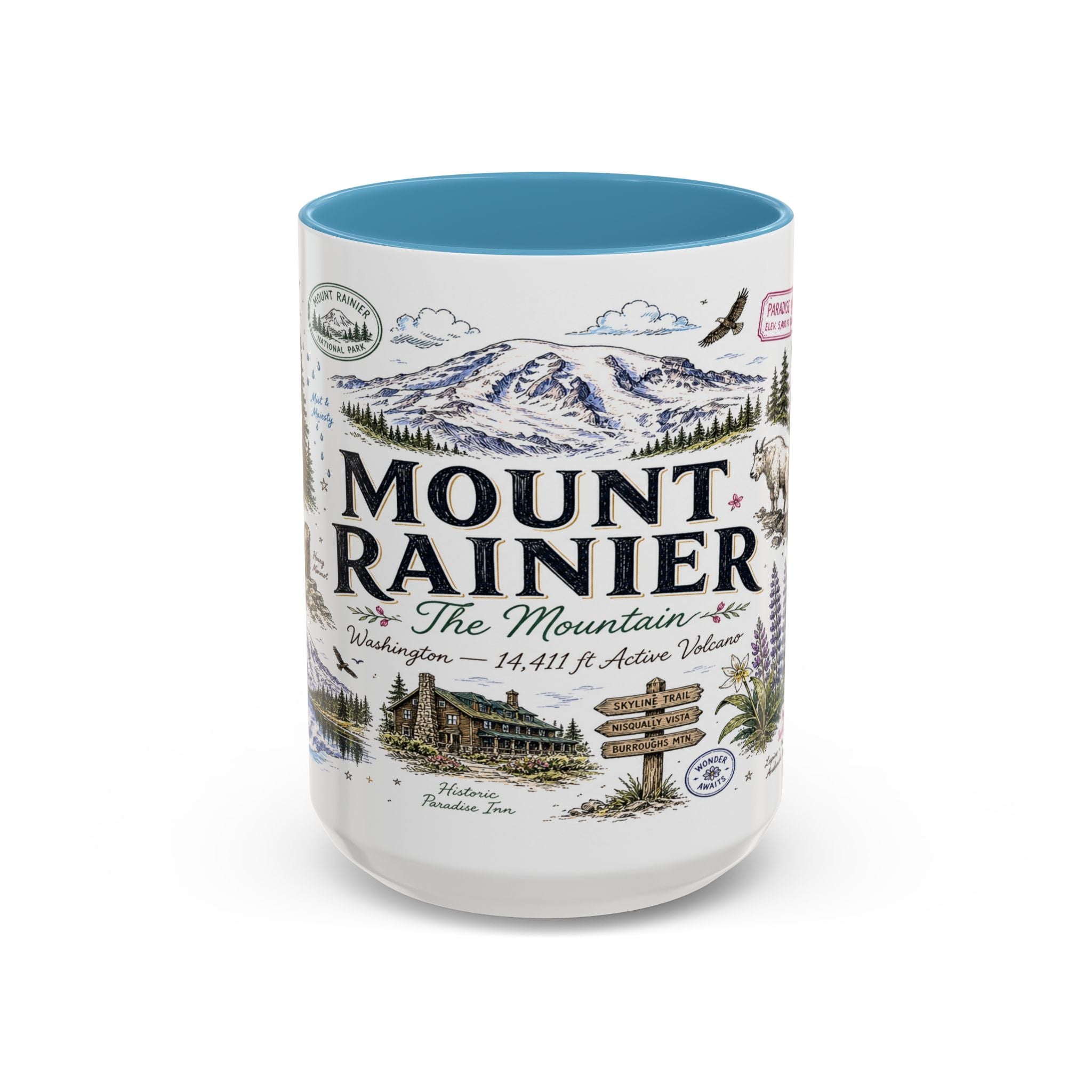 Mount Rainier Coffee Mug | National Park Hiking Washington Gift | Accent Color Ceramic 11oz 15oz