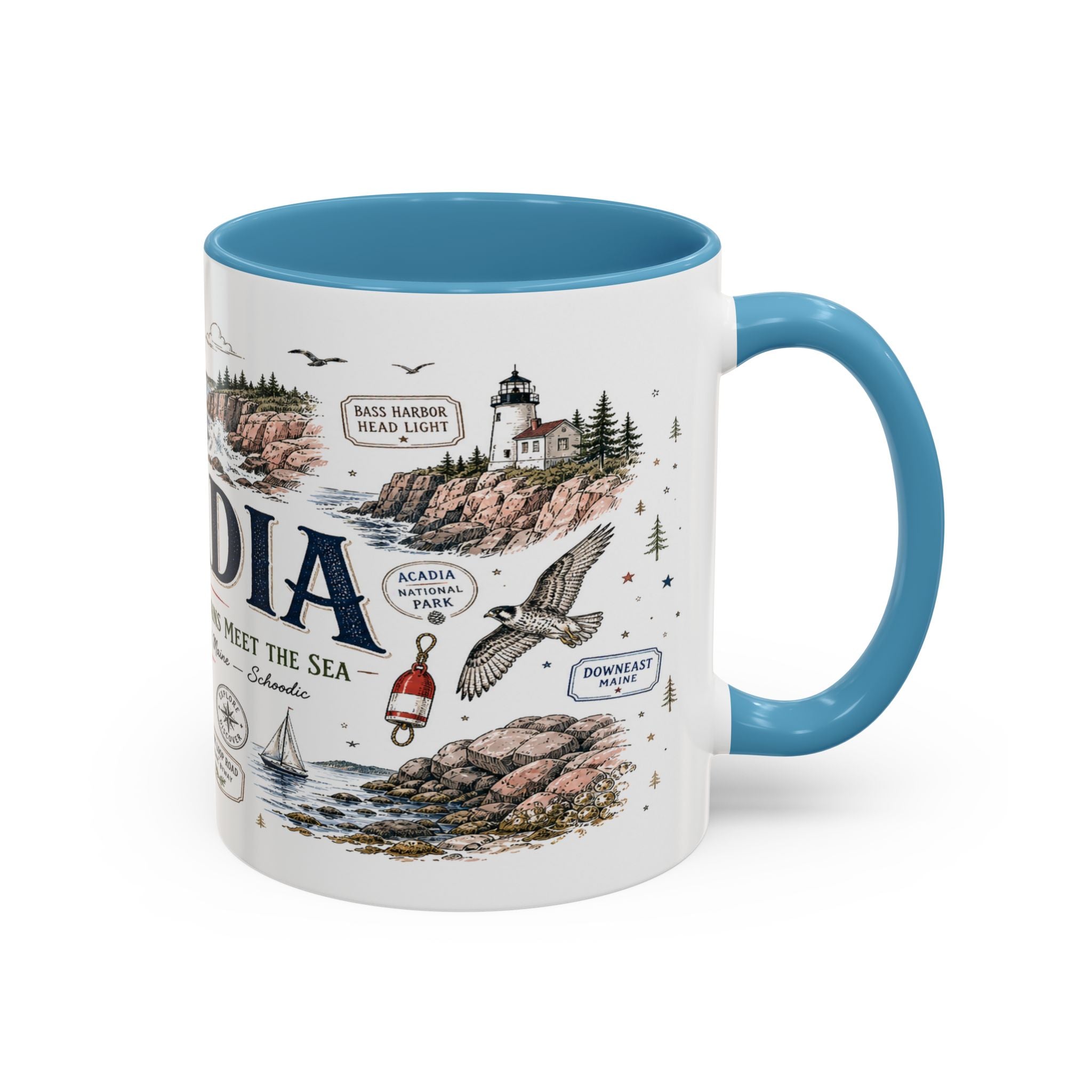 Acadia Coffee Mug | National Park Hiking Coastal Gift | Accent Color Ceramic 11oz 15oz