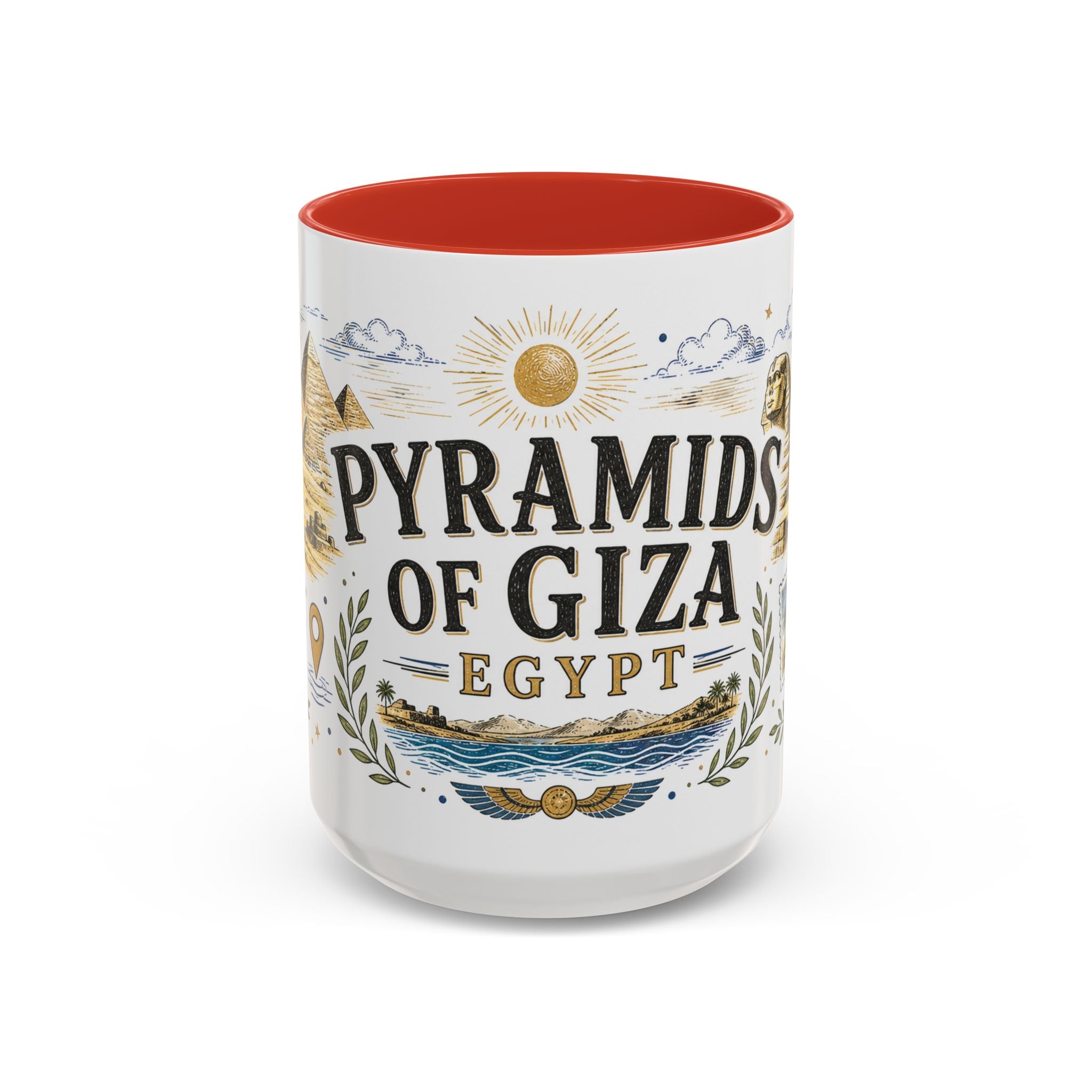 Pyramids of Giza Coffee Mug | Travel Destination Souvenir Gift | Accent Color Ceramic 11oz 15oz