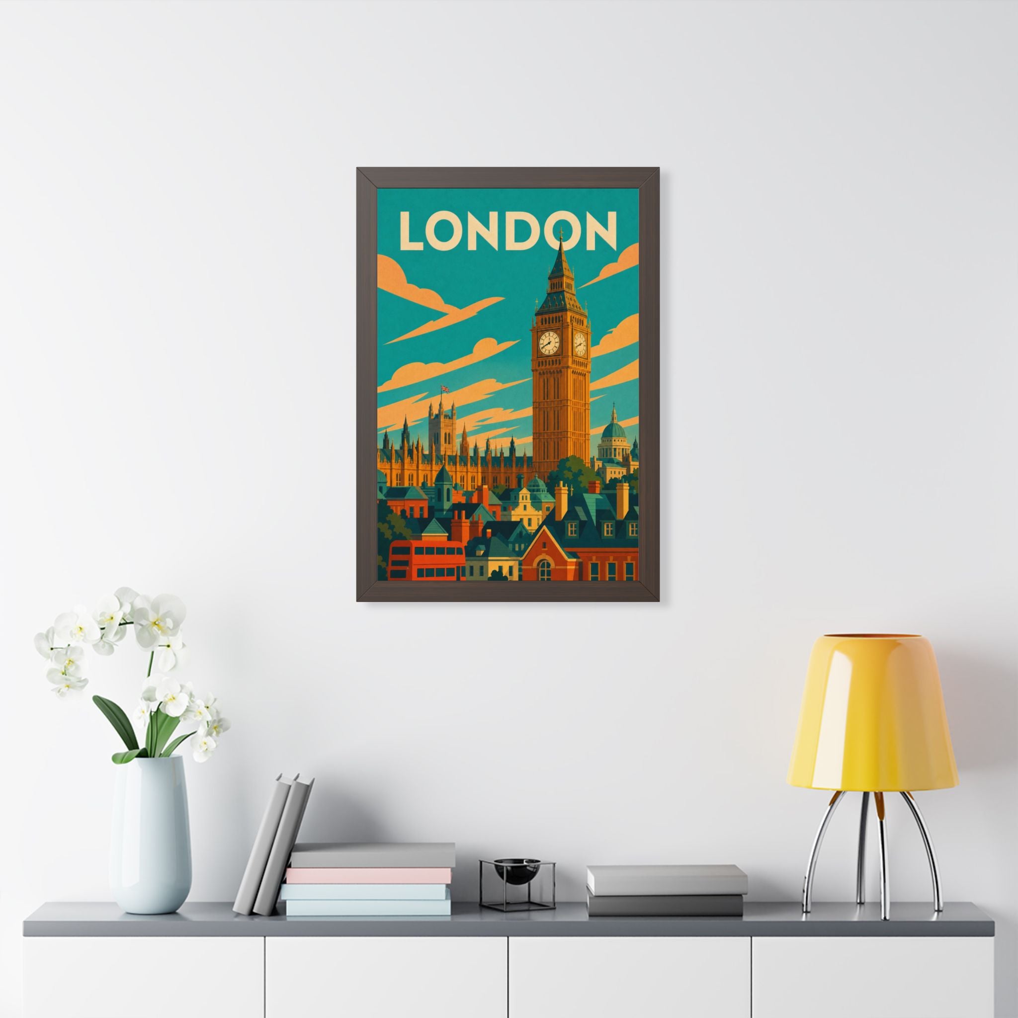 London Big Ben United Kingdom Framed Poster | Vintage Travel Wall Art | Black Walnut White Frame | 16x24 20x30