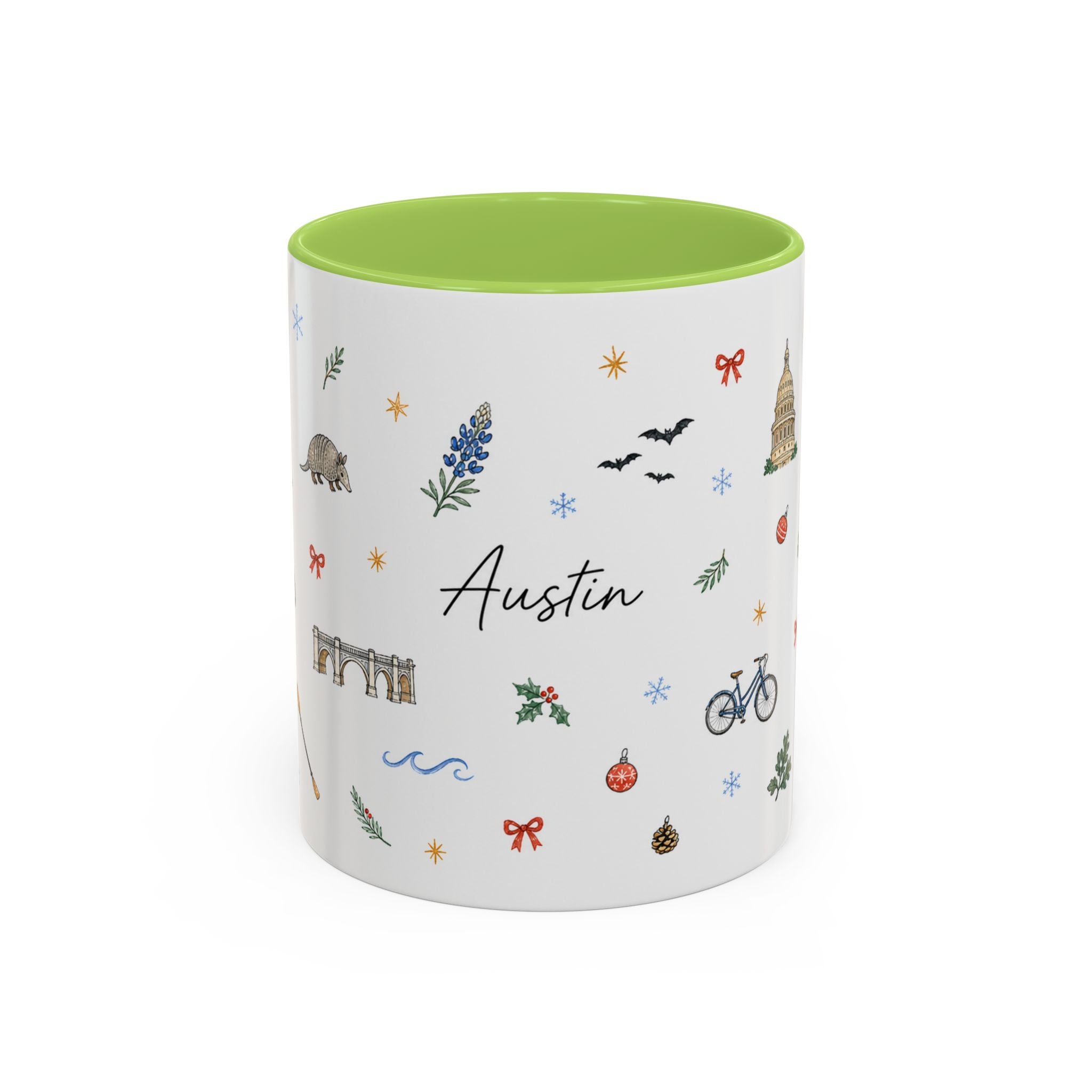 Austin Christmas Mug | Watercolor Travel Souvenir | Holiday Gift | Accent Ceramic Coffee Cup 11oz 15oz