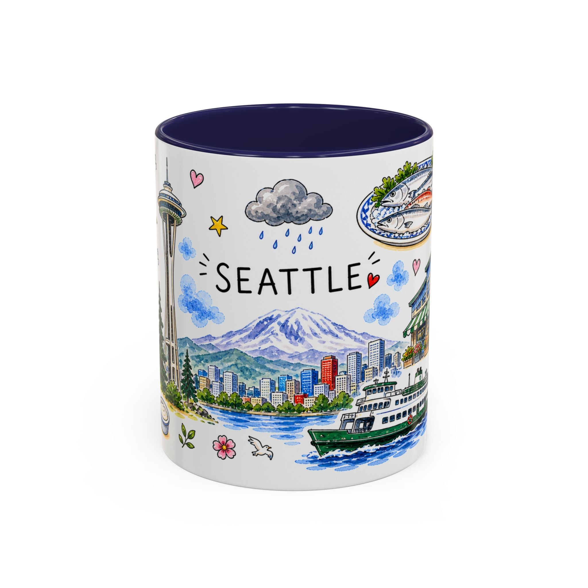 Seattle Illustrated Travel Mug | City Souvenir Accent Coffee Mug | 11oz 15oz Ceramic Cup