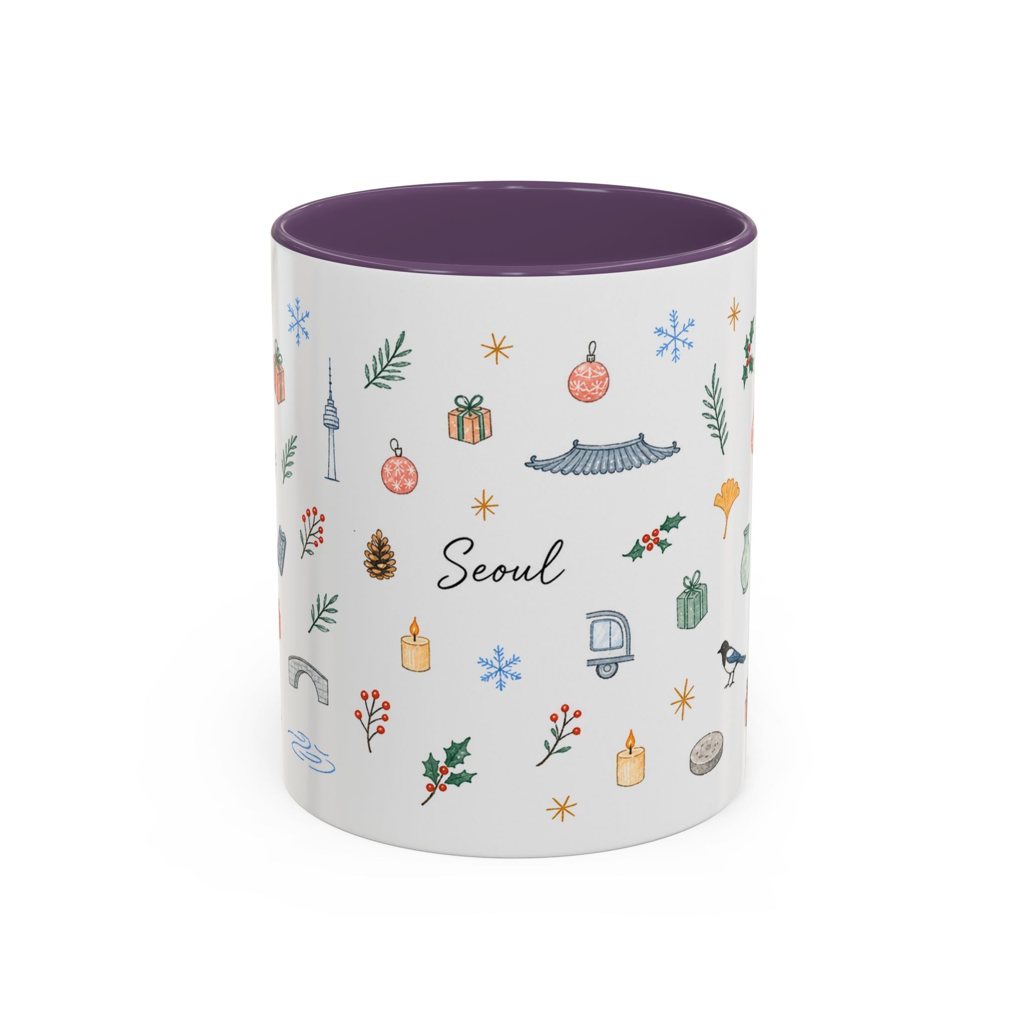 Seoul Christmas Mug | Watercolor Travel Souvenir | Holiday Gift | Accent Ceramic Coffee Cup 11oz 15oz