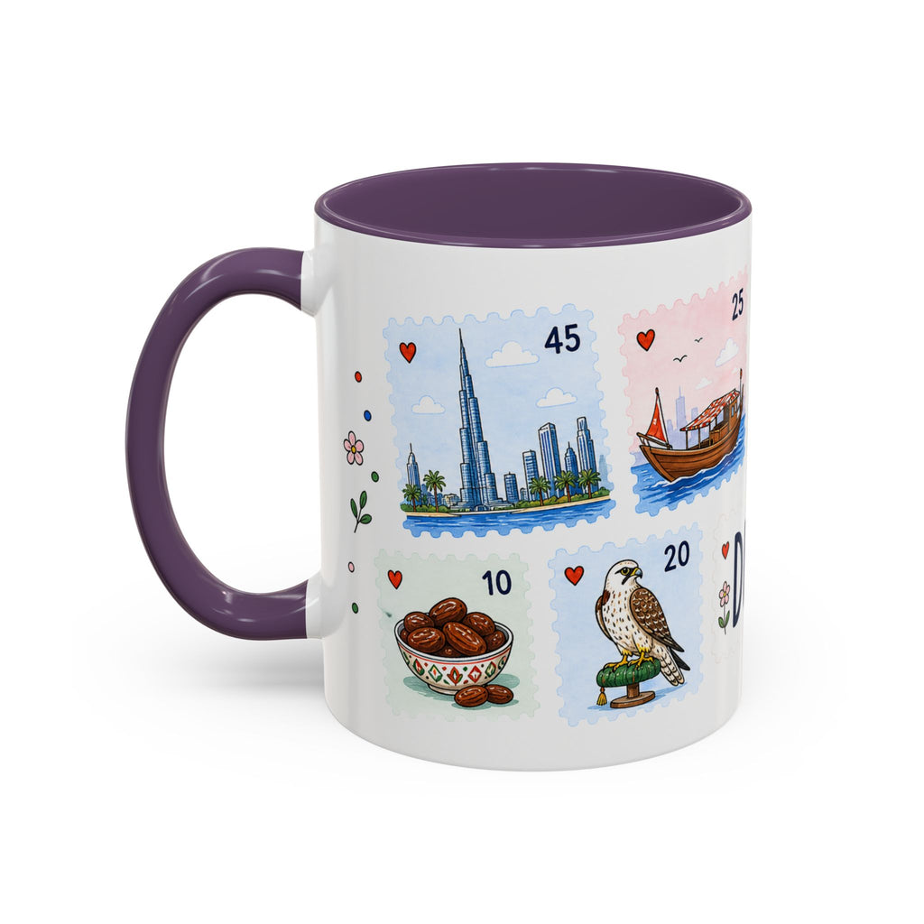 Dubai Coffee Mug | Postage Stamp Collage Mug | Travel Souvenir Accent Cup 11oz 15oz