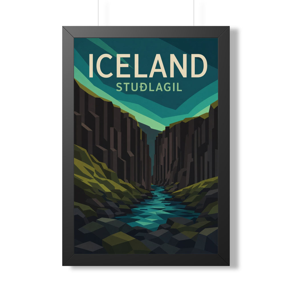 Stuðlagil Canyon Iceland Framed Poster | Vintage Travel Wall Art | Black Walnut White Frame | 16x24 20x30