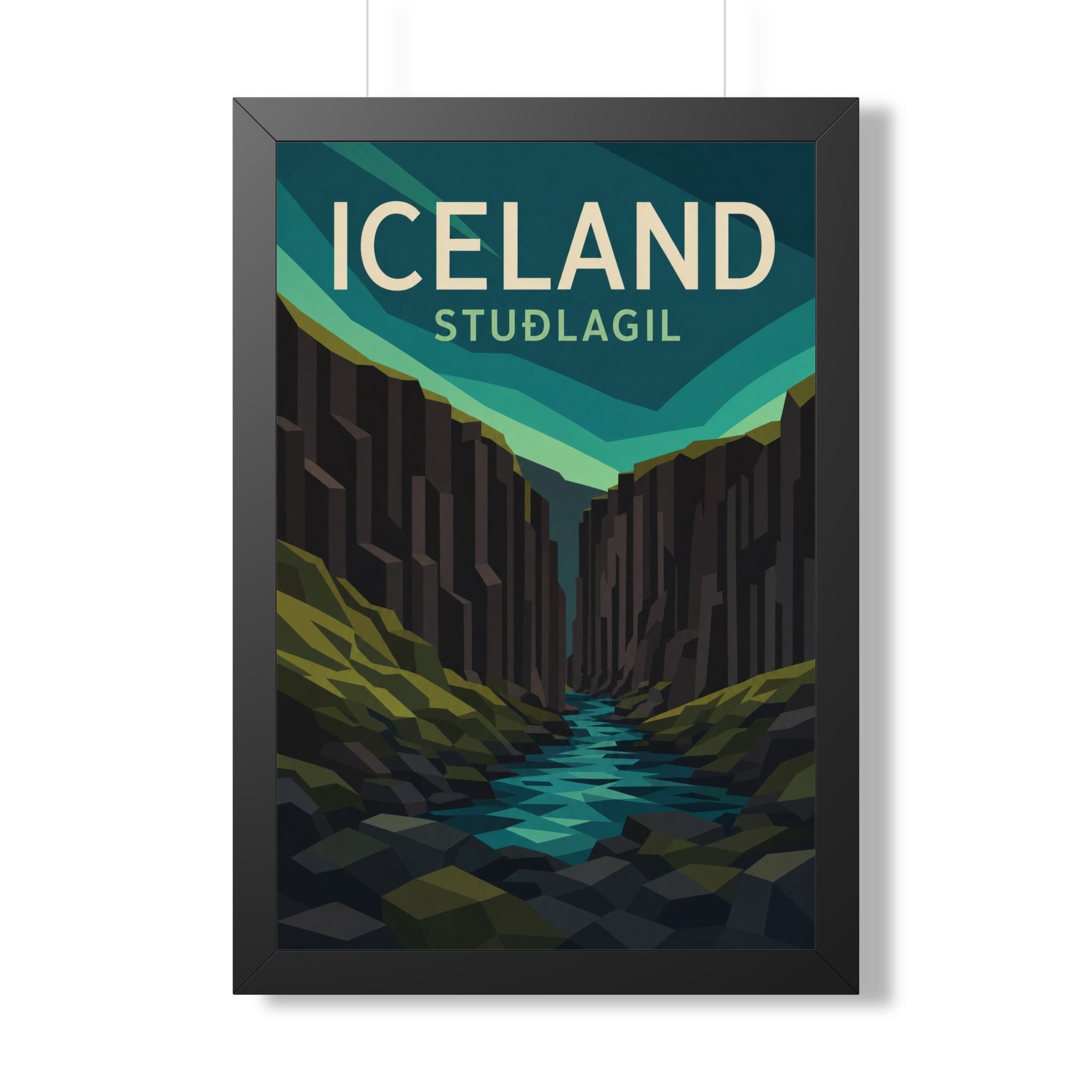 Stuðlagil Canyon Iceland Framed Poster | Vintage Travel Wall Art | Black Walnut White Frame | 16x24 20x30