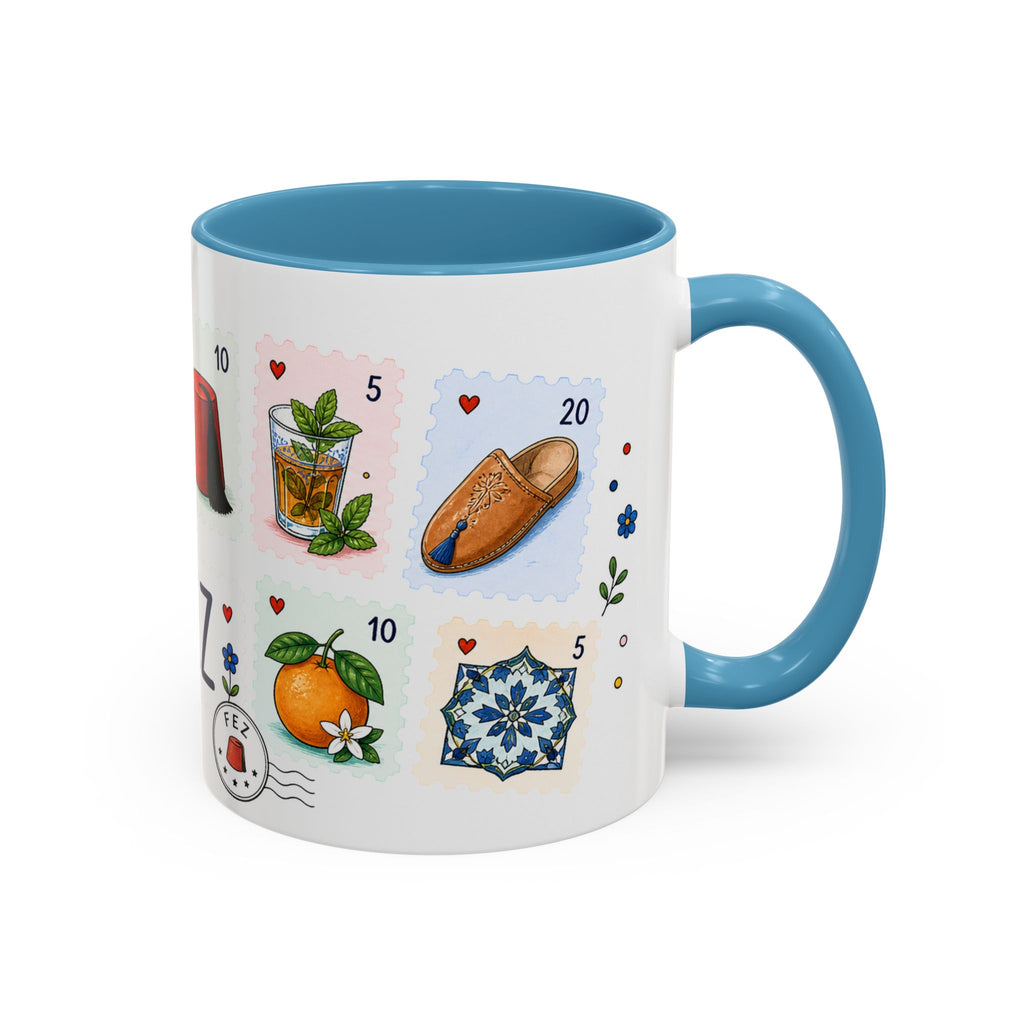 Fez Coffee Mug | Postage Stamp Collage Mug | Travel Souvenir Accent Cup 11oz 15oz