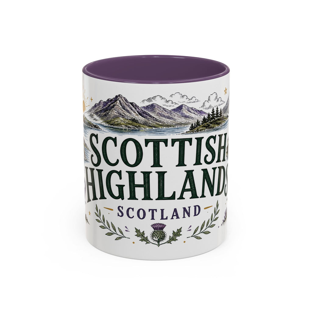 Scottish Highlands Coffee Mug | Travel Destination Souvenir Gift | Accent Color Ceramic 11oz 15oz
