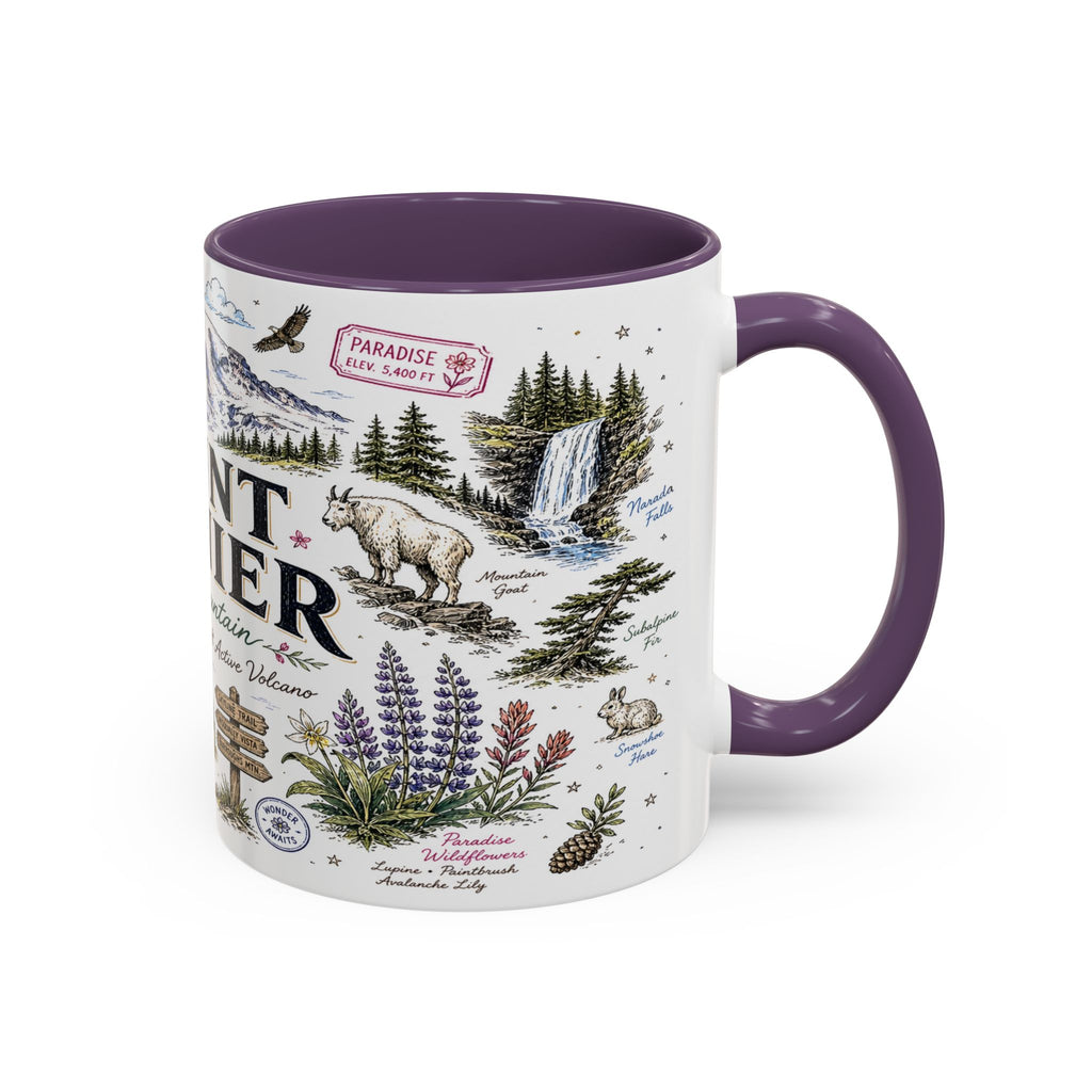 Mount Rainier Coffee Mug | National Park Hiking Washington Gift | Accent Color Ceramic 11oz 15oz
