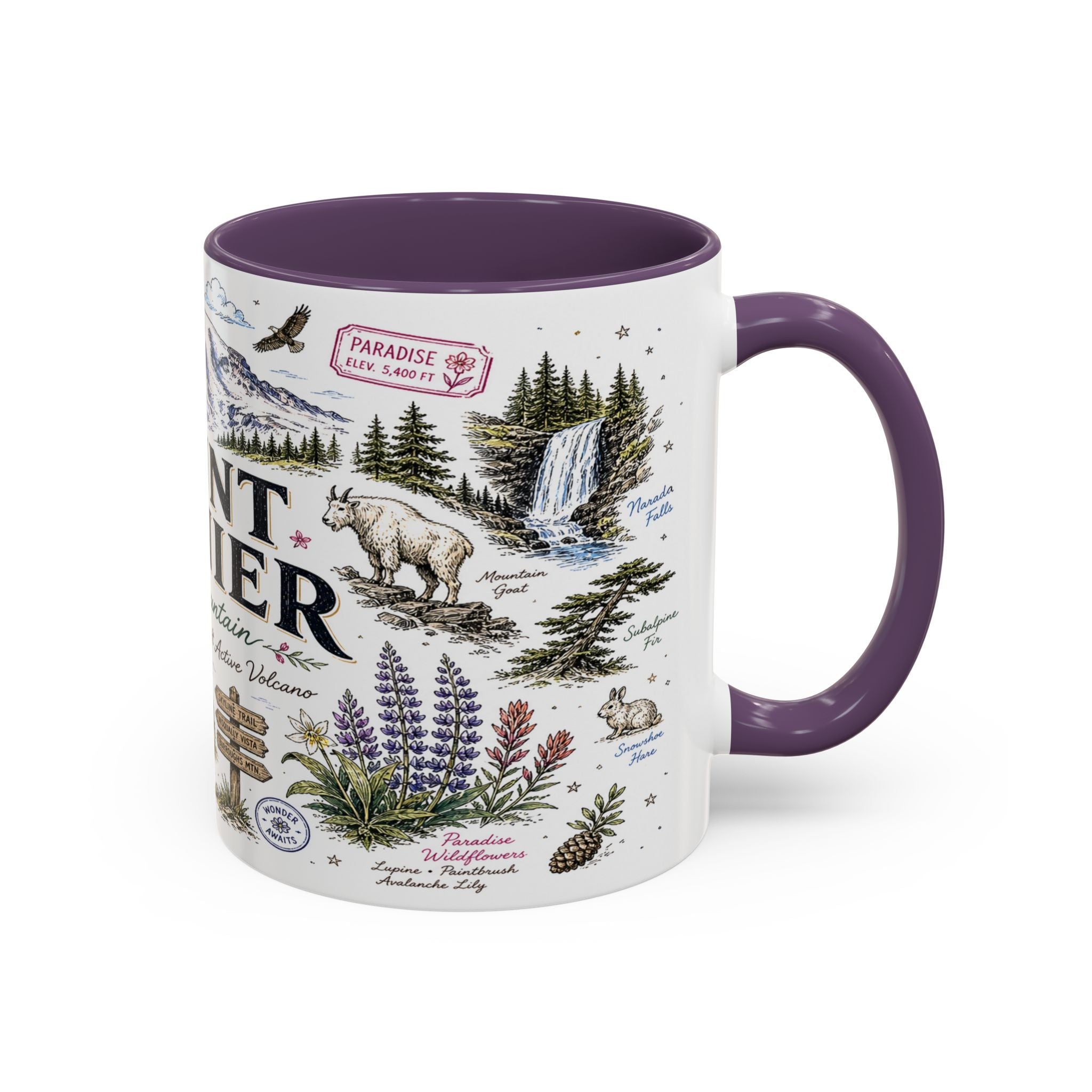 Mount Rainier Coffee Mug | National Park Hiking Washington Gift | Accent Color Ceramic 11oz 15oz