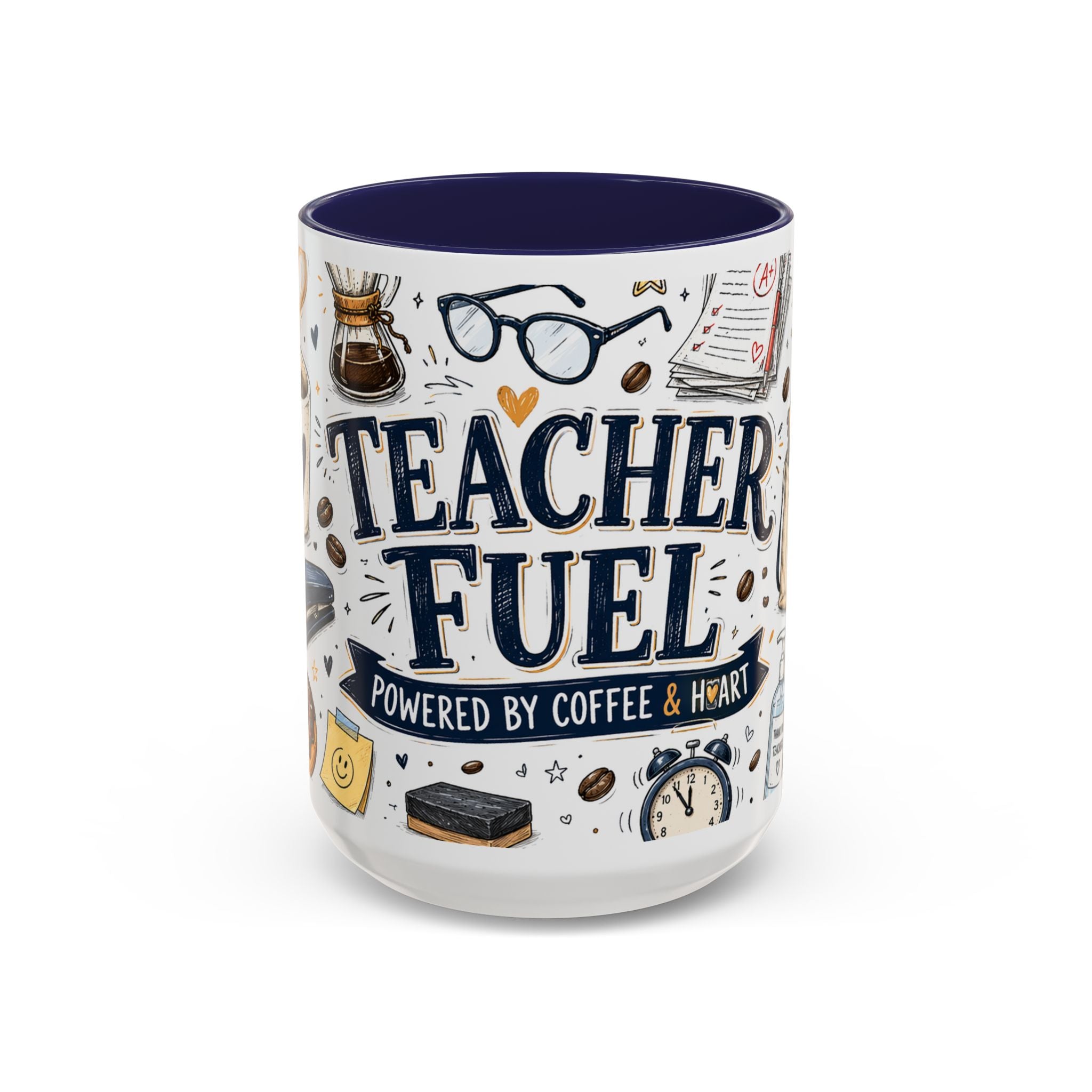 Teacher Fuel Coffee Mug | Powered by Coffee and Wine Funny Gift | Accent Color Ceramic 11oz 15oz