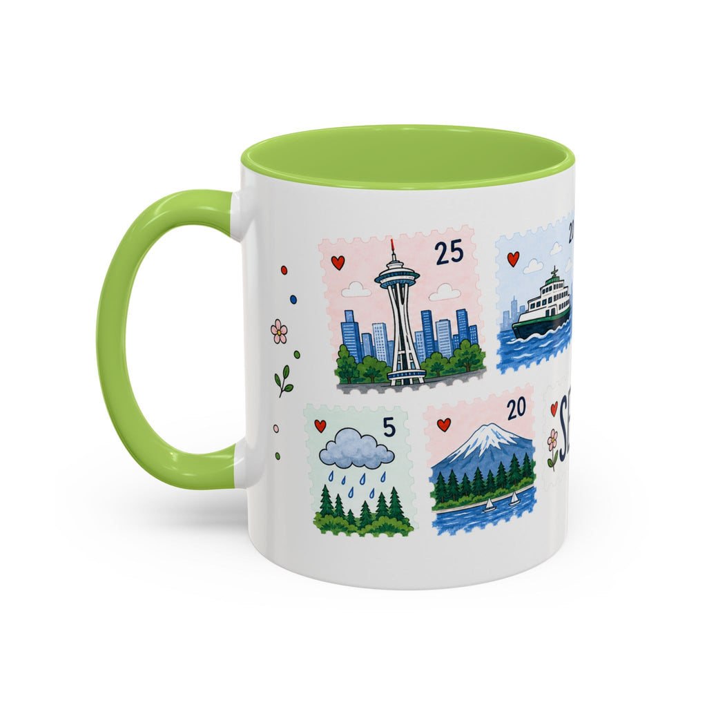 Seattle Coffee Mug | Postage Stamp Collage Mug | Travel Souvenir Accent Cup 11oz 15oz