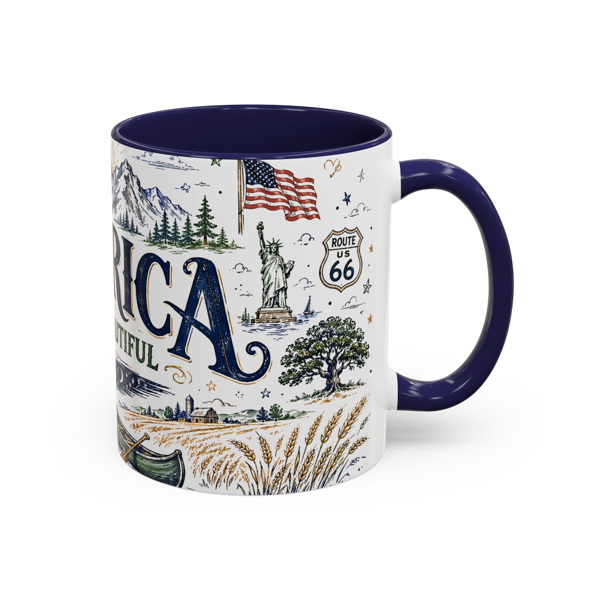 America the Beautiful Coffee Mug | Patriotic USA Gift | Accent Color Ceramic 11oz 15oz