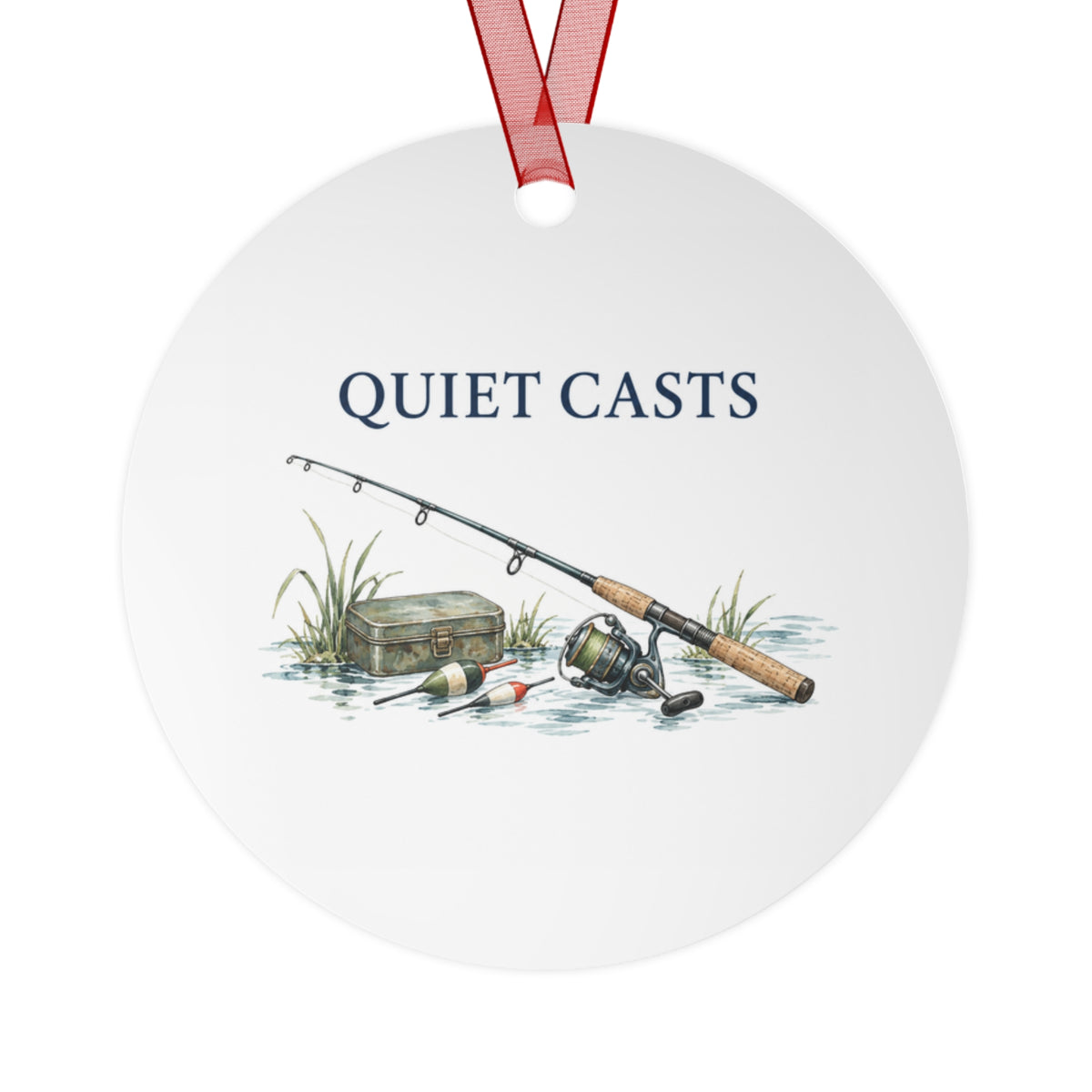 Front view of a round aluminum ornament with fishing artwork.
