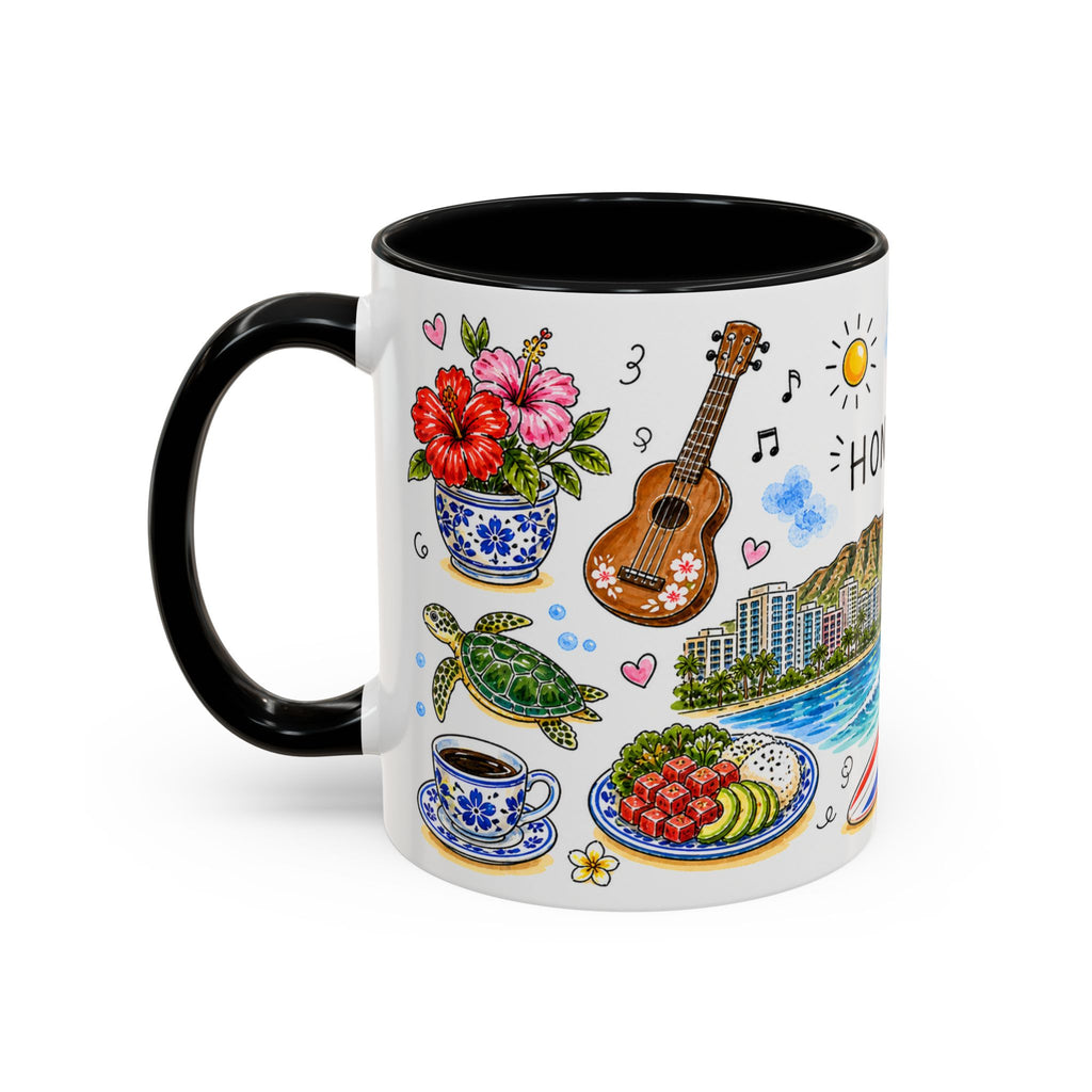 Honolulu Illustrated Travel Mug | City Souvenir Accent Coffee Mug | 11oz 15oz Ceramic Cup