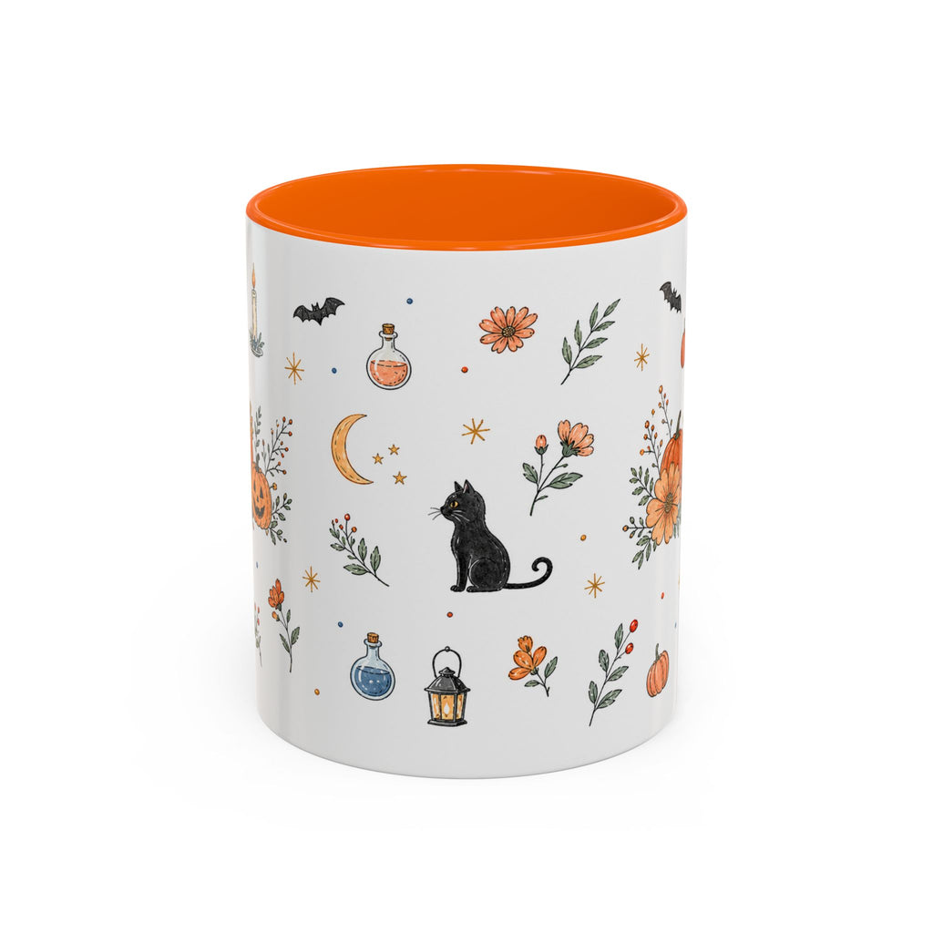 Black Cat Halloween Mug | Pumpkin Moon Watercolor Gift | Spooky Accent Cup 11oz 15oz