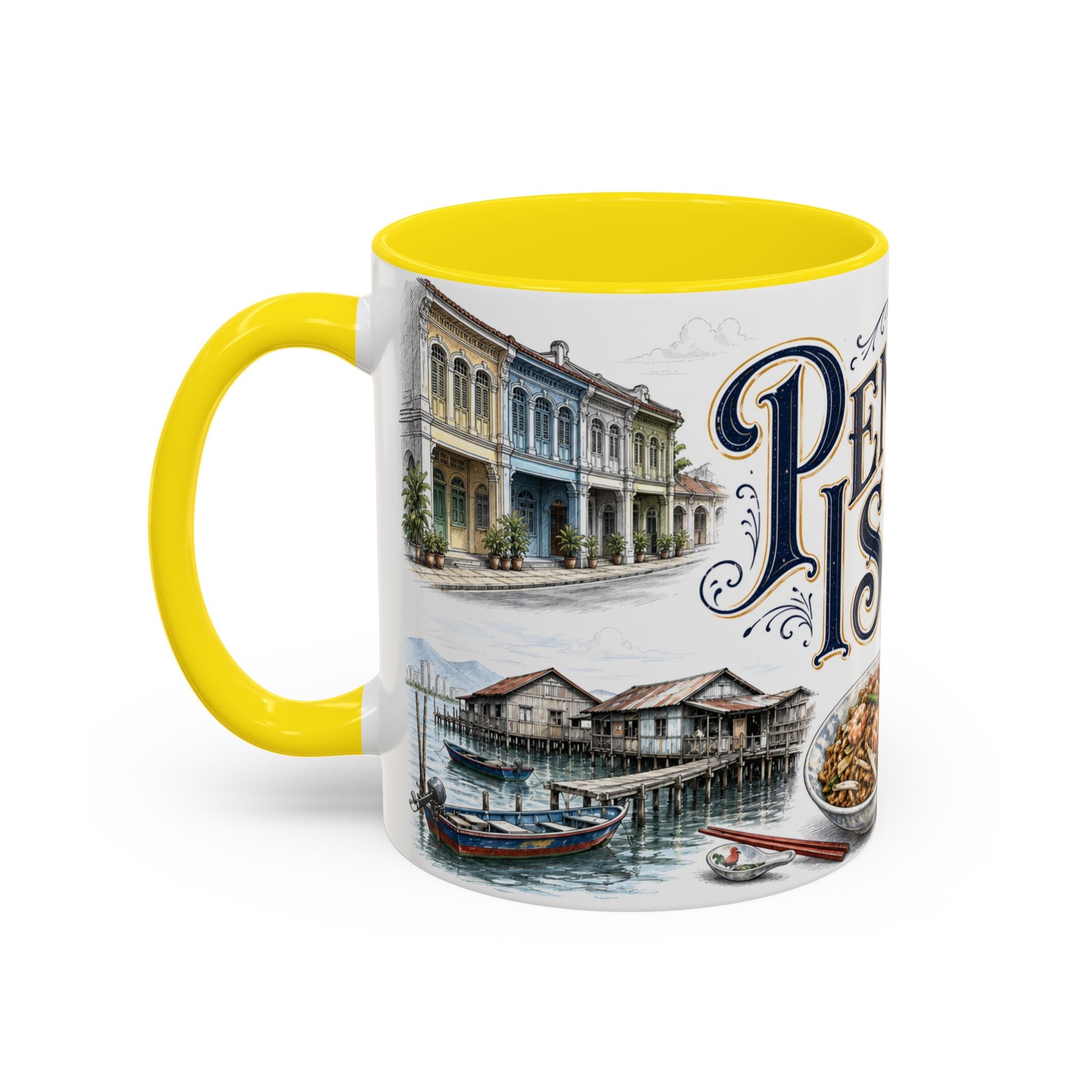 Penang Island Coffee Mug | Malaysia Travel Souvenir | Vintage Illustrated City Gift | 11 oz 15 oz Accent Mug