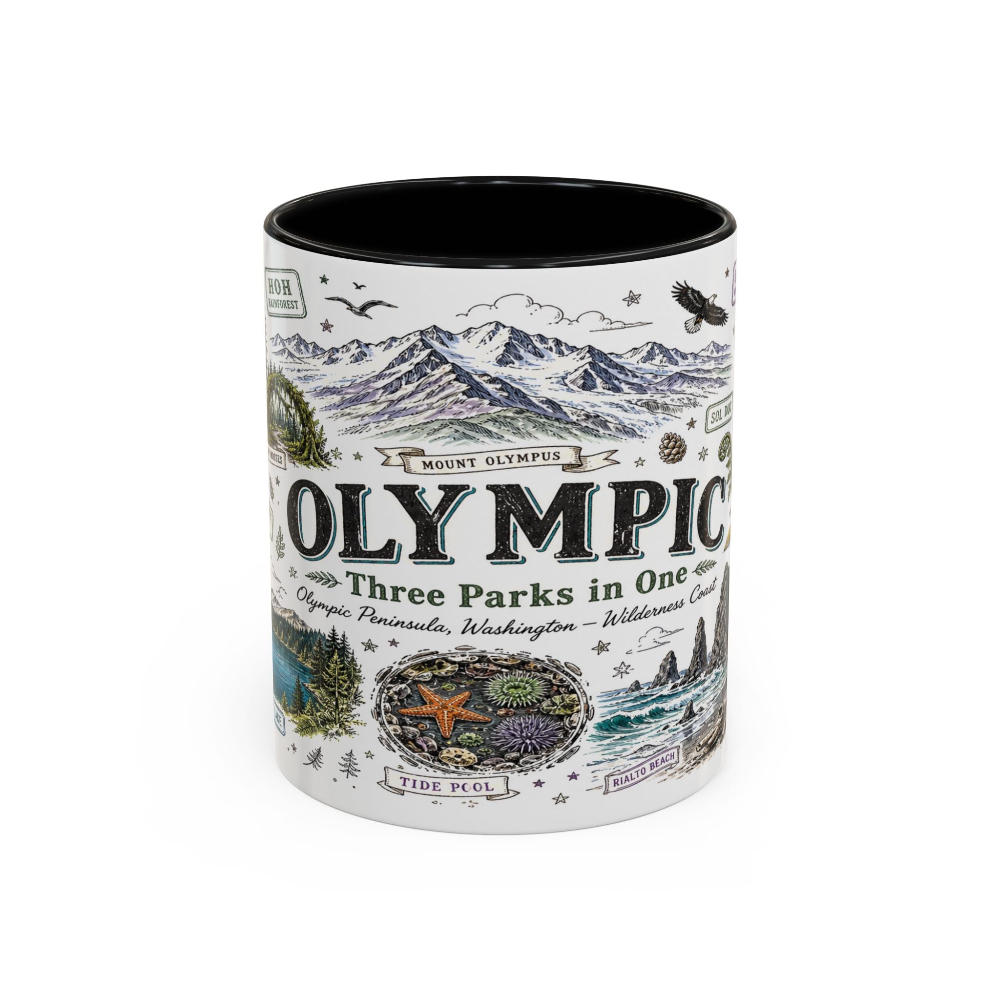 Olympic Coffee Mug | National Park Hiking Rainforest Gift | Accent Color Ceramic 11oz 15oz