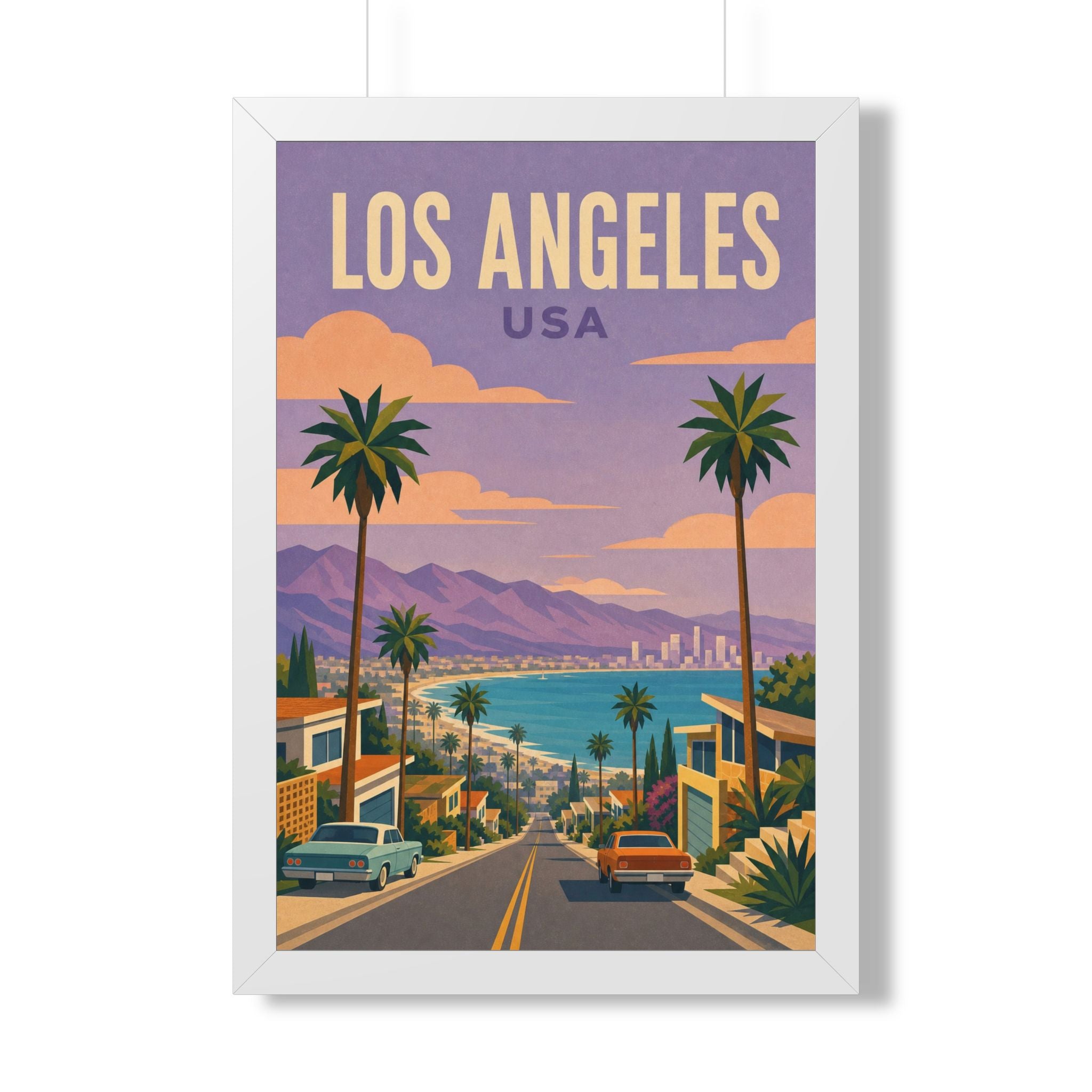 Los Angeles Coast United States Framed Poster | Vintage Travel Wall Art | Black Walnut White Frame | 16x24 20x30