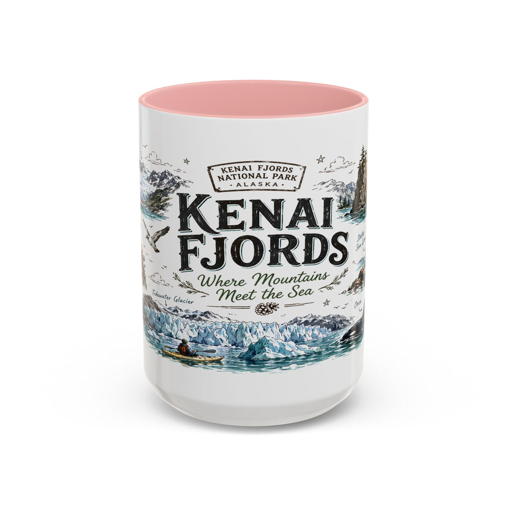 Kenai Fjords National Park Coffee Mug | Alaska Coastal Wildlife Hiking Gift | Accent Color Ceramic 11oz 15oz