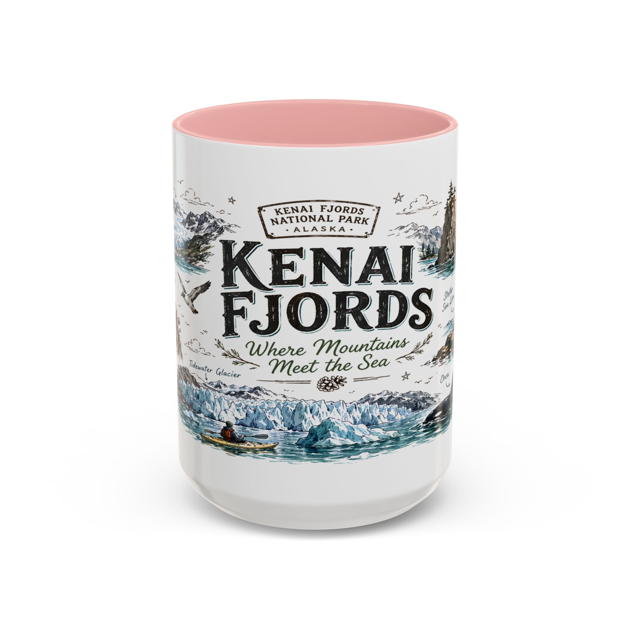 Kenai Fjords National Park Coffee Mug | Alaska Coastal Wildlife Hiking Gift | Accent Color Ceramic 11oz 15oz