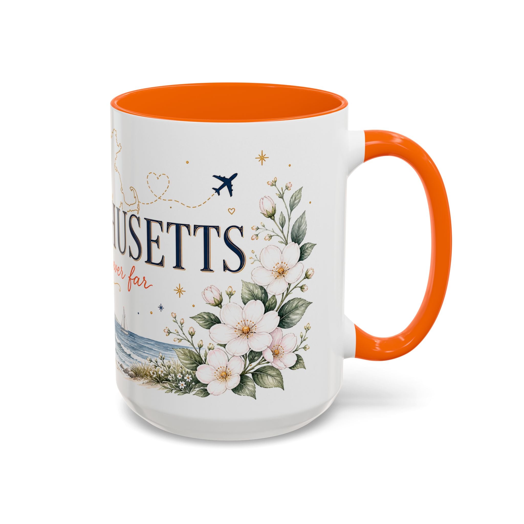 Massachusetts State Map Mug | Coastal Scene, Botanical Accents (11oz, 15oz)