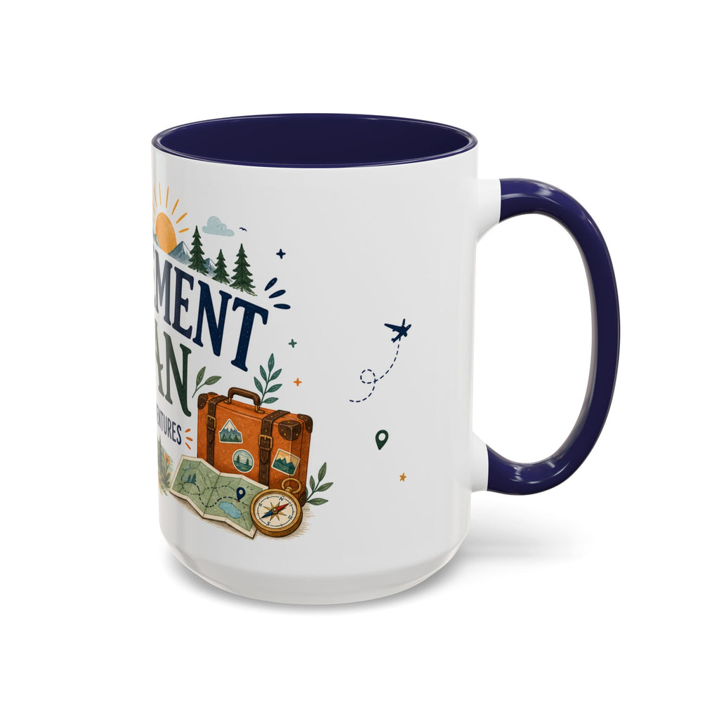 Retirement Plan Coffee And Adventures Mug | Travel Retirement Gift | Accent Color Ceramic 11oz 15oz