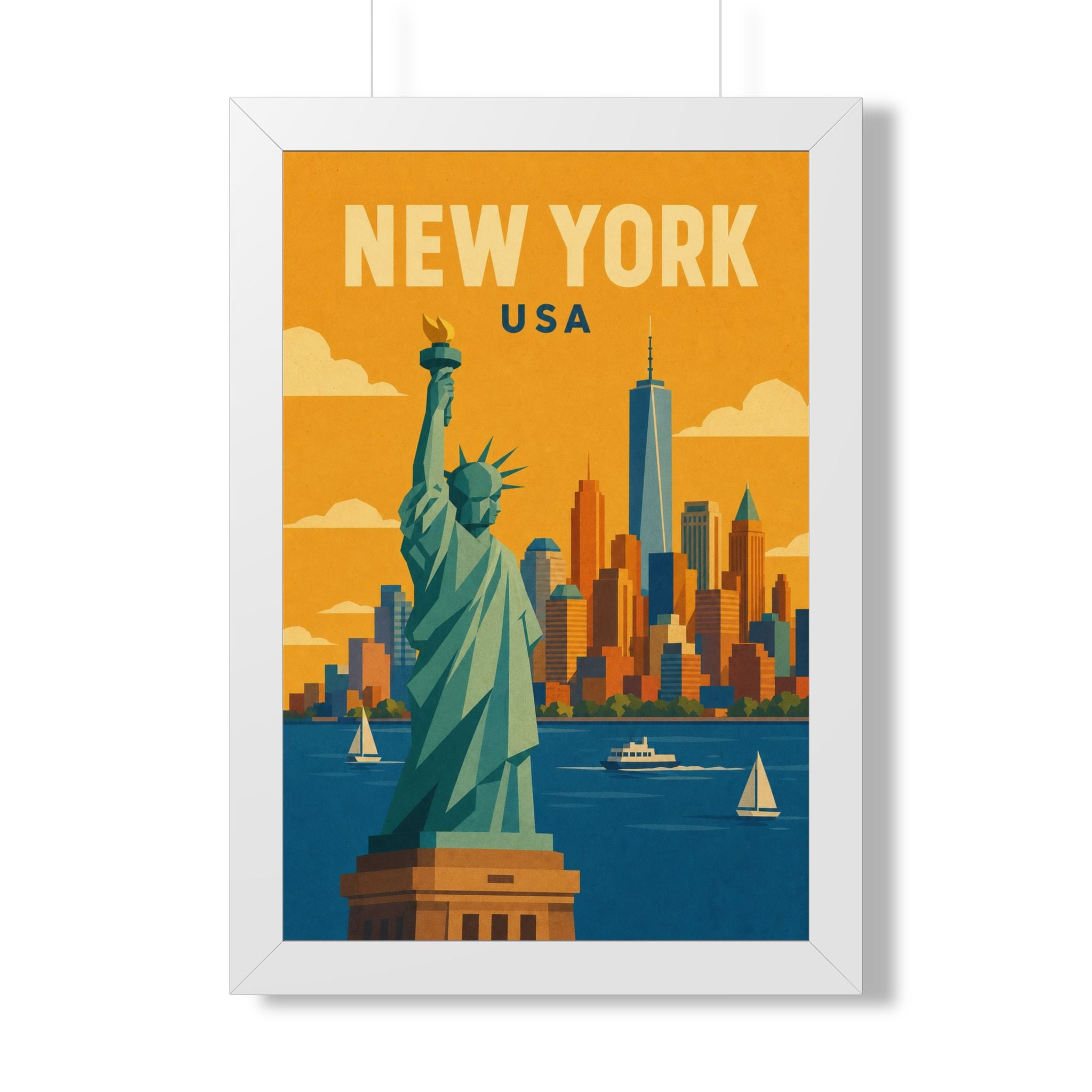 New York Statue of Liberty United States Framed Poster | Vintage Travel Wall Art | Black Walnut White Frame | 16x24 20x30