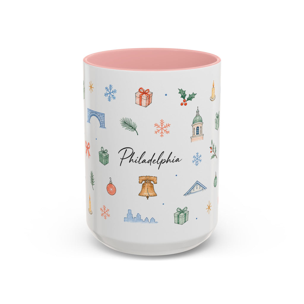 Philadelphia Christmas Mug | Watercolor Travel Souvenir | Holiday Gift | Accent Ceramic Coffee Cup 11oz 15oz