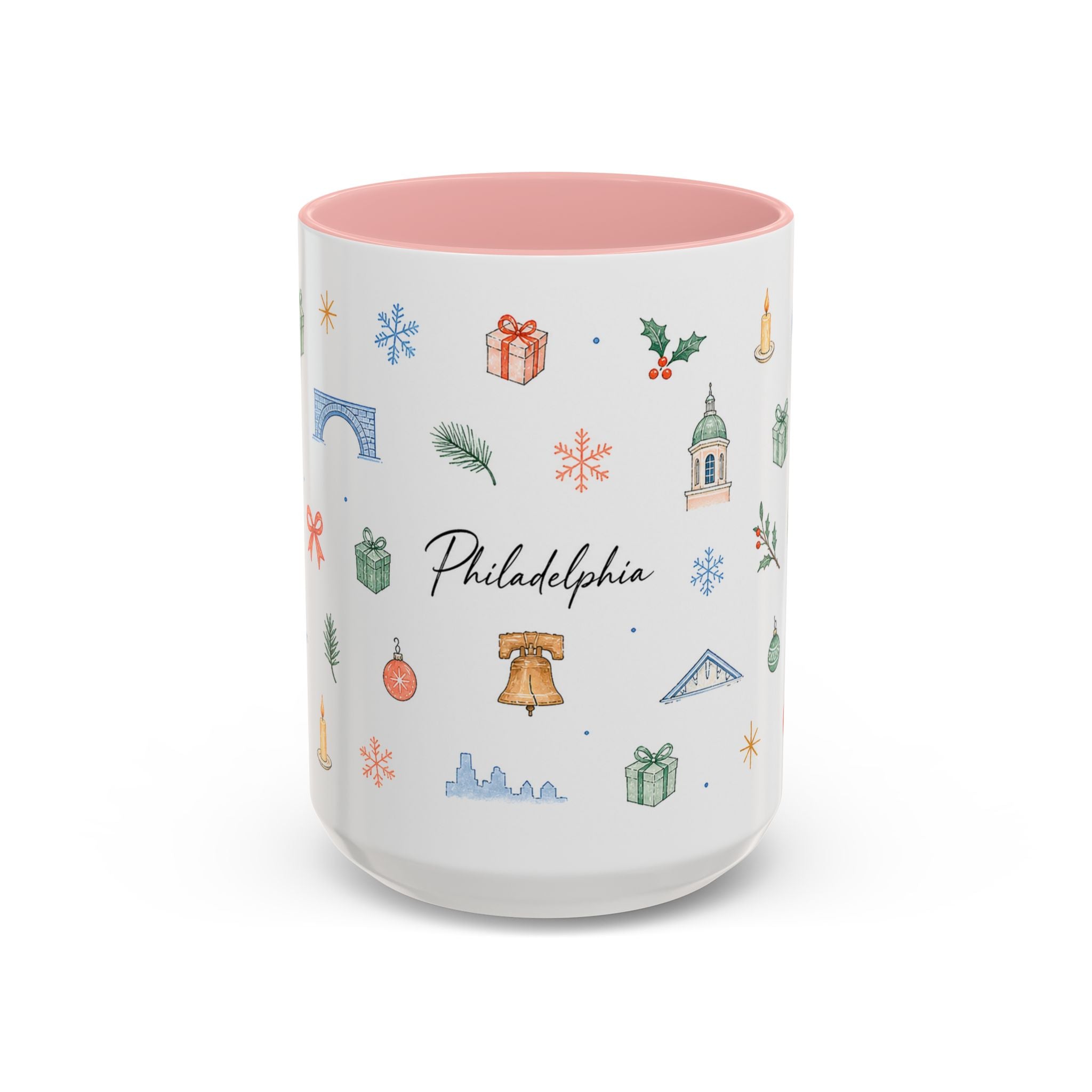 Philadelphia Christmas Mug | Watercolor Travel Souvenir | Holiday Gift | Accent Ceramic Coffee Cup 11oz 15oz