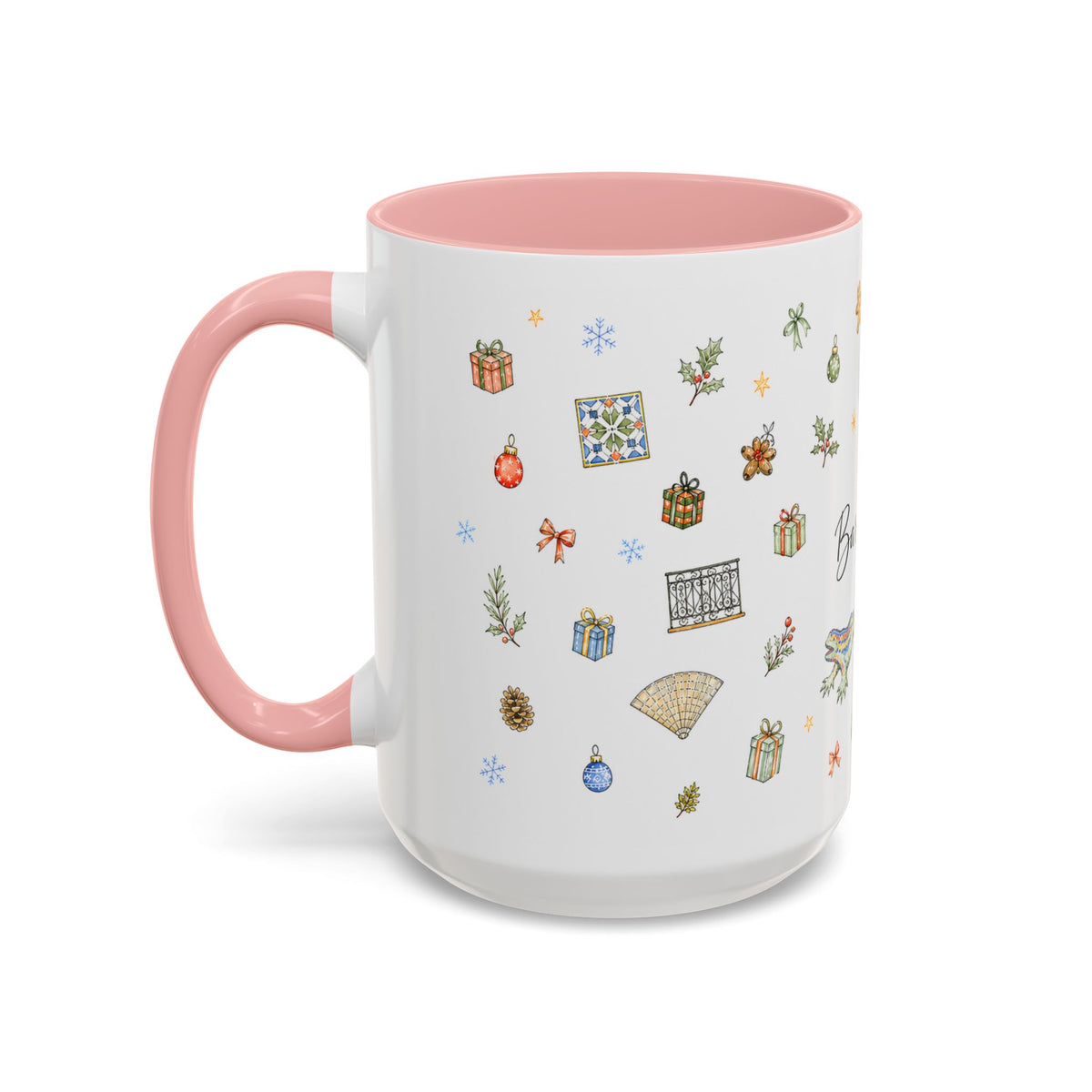 Barcelona Christmas Mug | Watercolor City Souvenir, Ceramic Coffee Cup (11oz/15oz)