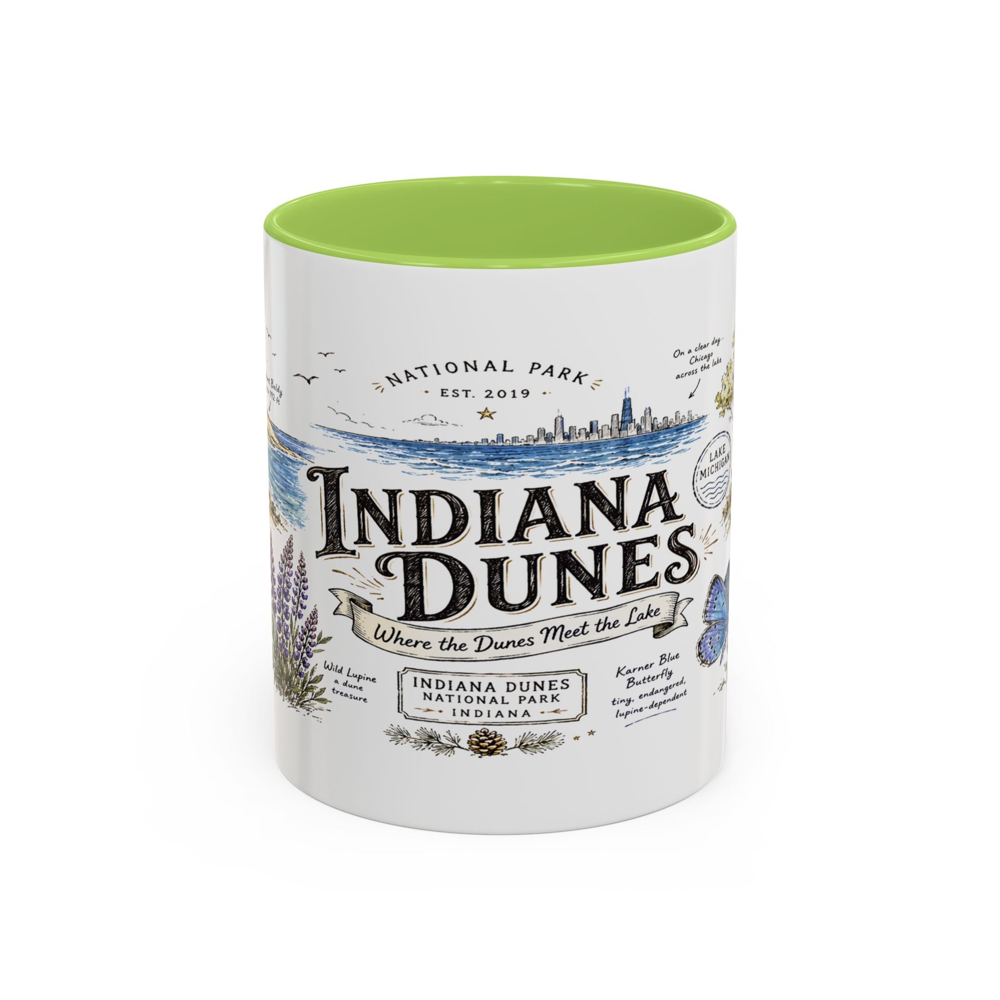 Indiana Dunes National Park Coffee Mug | Indiana Lake Michigan Beach Gift | Accent Color Ceramic 11oz 15oz