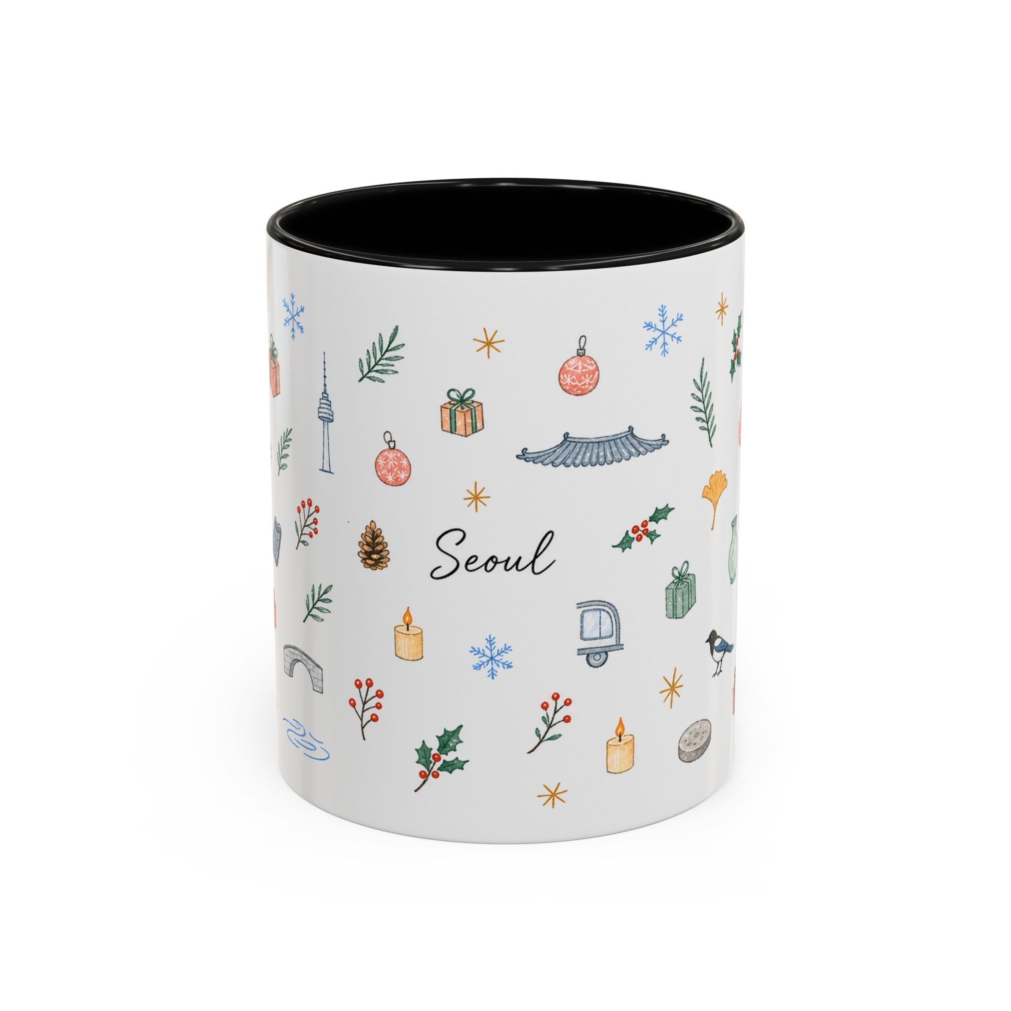 Seoul Christmas Mug | Watercolor Travel Souvenir | Holiday Gift | Accent Ceramic Coffee Cup 11oz 15oz