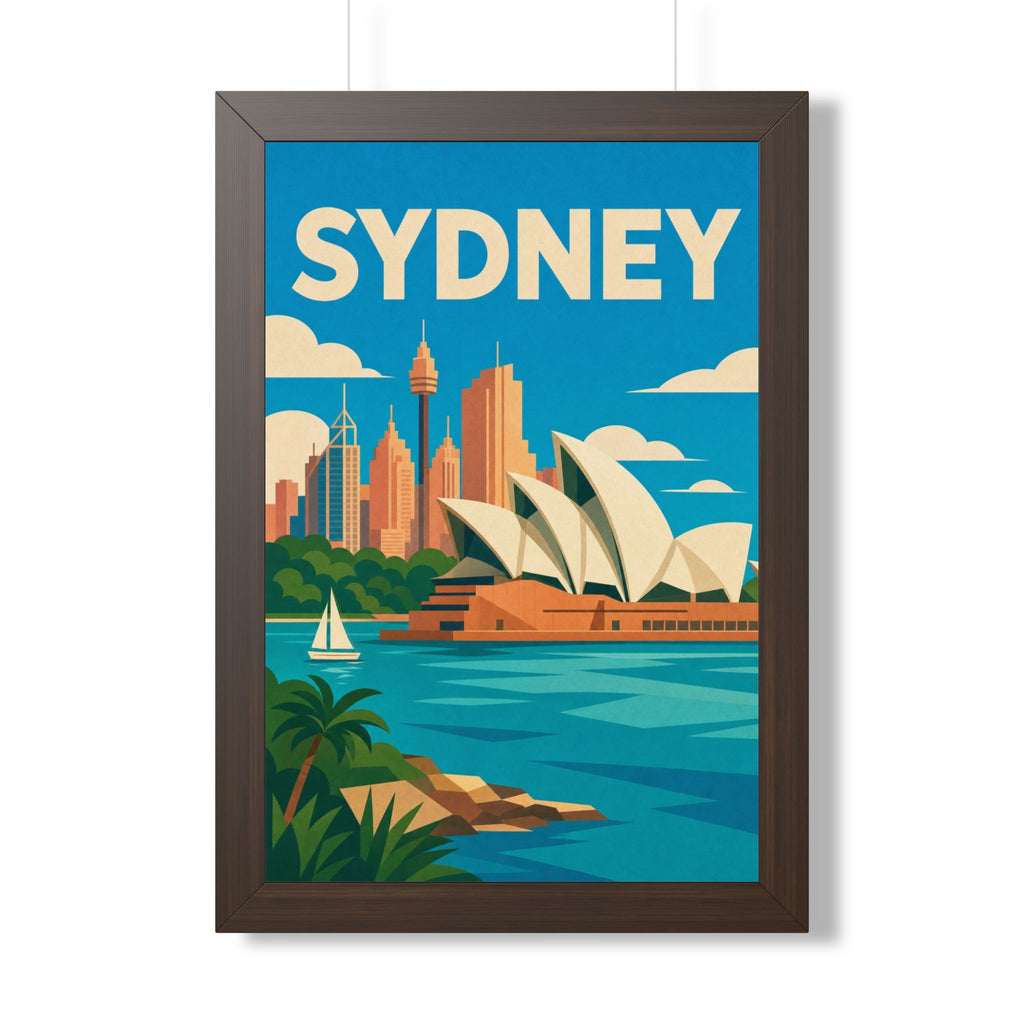 Sydney Opera House Australia Framed Poster | Vintage Travel Wall Art | Black Walnut White Frame | 16x24 20x30