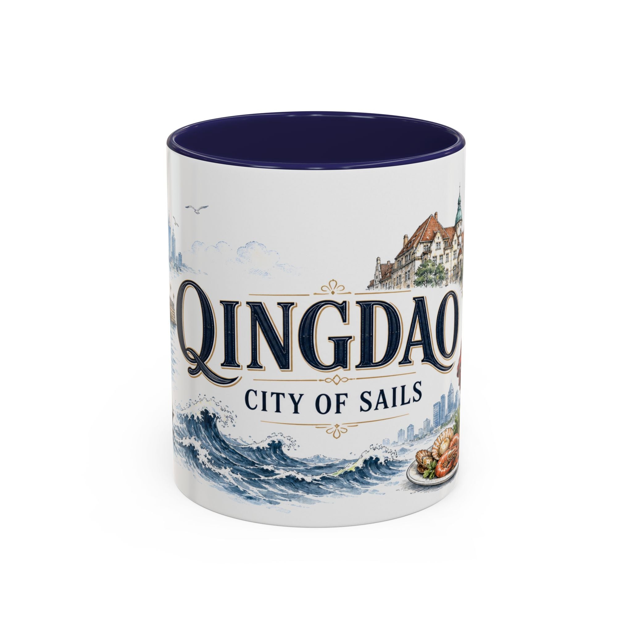 Qingdao Coffee Mug | China Travel Souvenir | Vintage Illustrated City Gift | 11 oz 15 oz Accent Mug