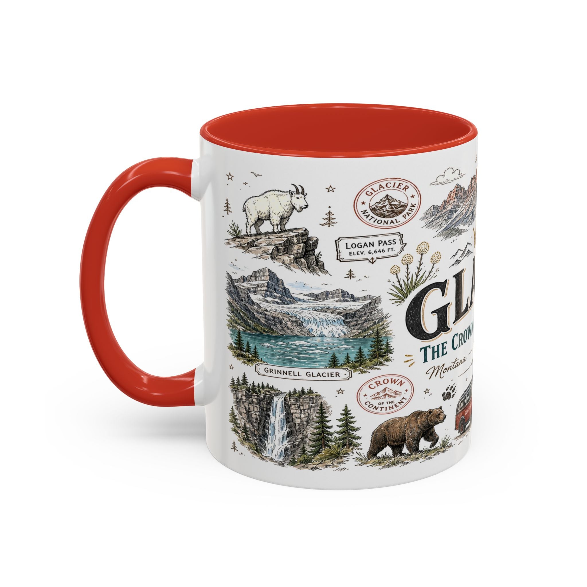 Glacier Coffee Mug | National Park Hiking Montana Gift | Accent Color Ceramic 11oz 15oz