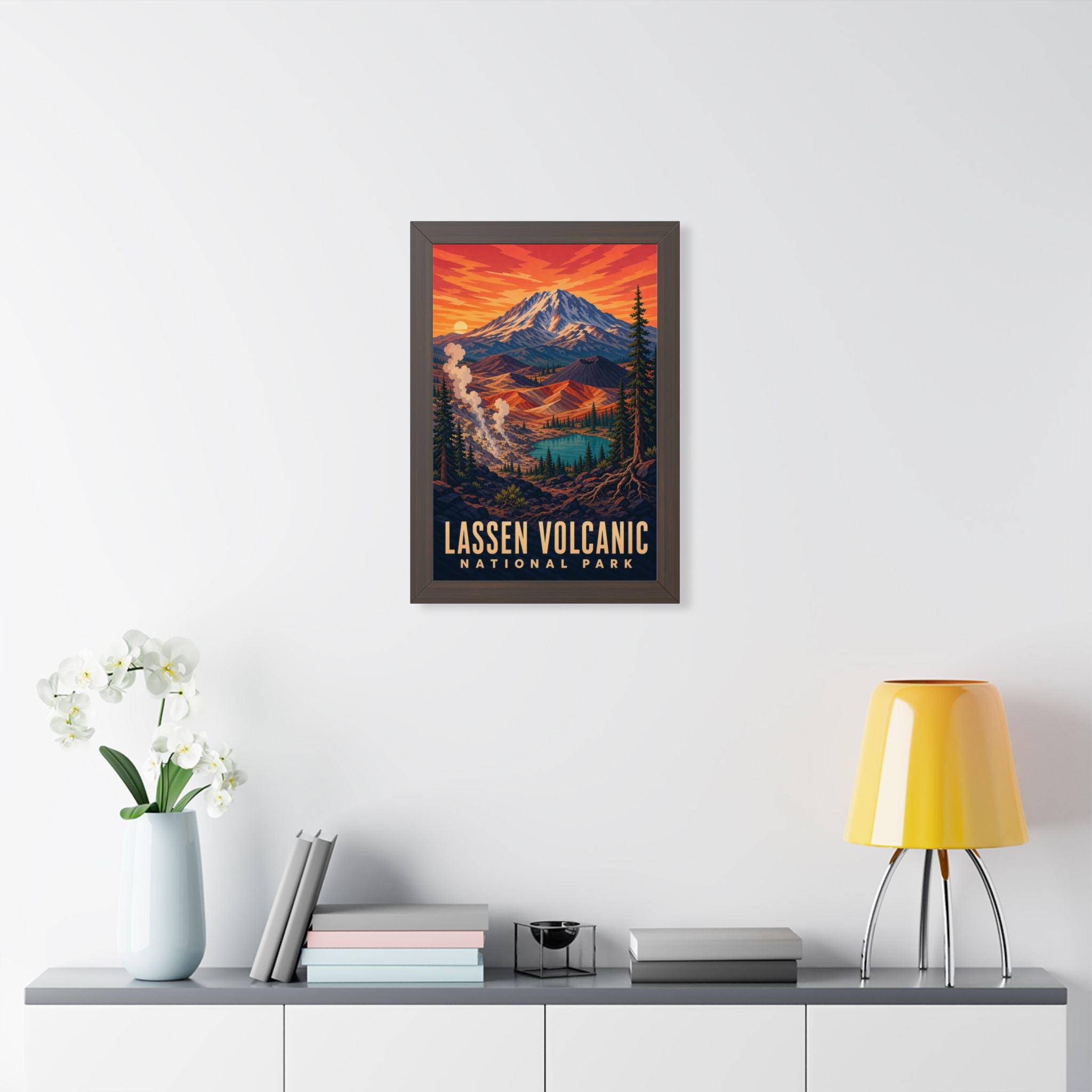Lassen Volcanic National Park Framed Poster | Vintage Travel Wall Art | Black Walnut White Frame | 16x24 20x30