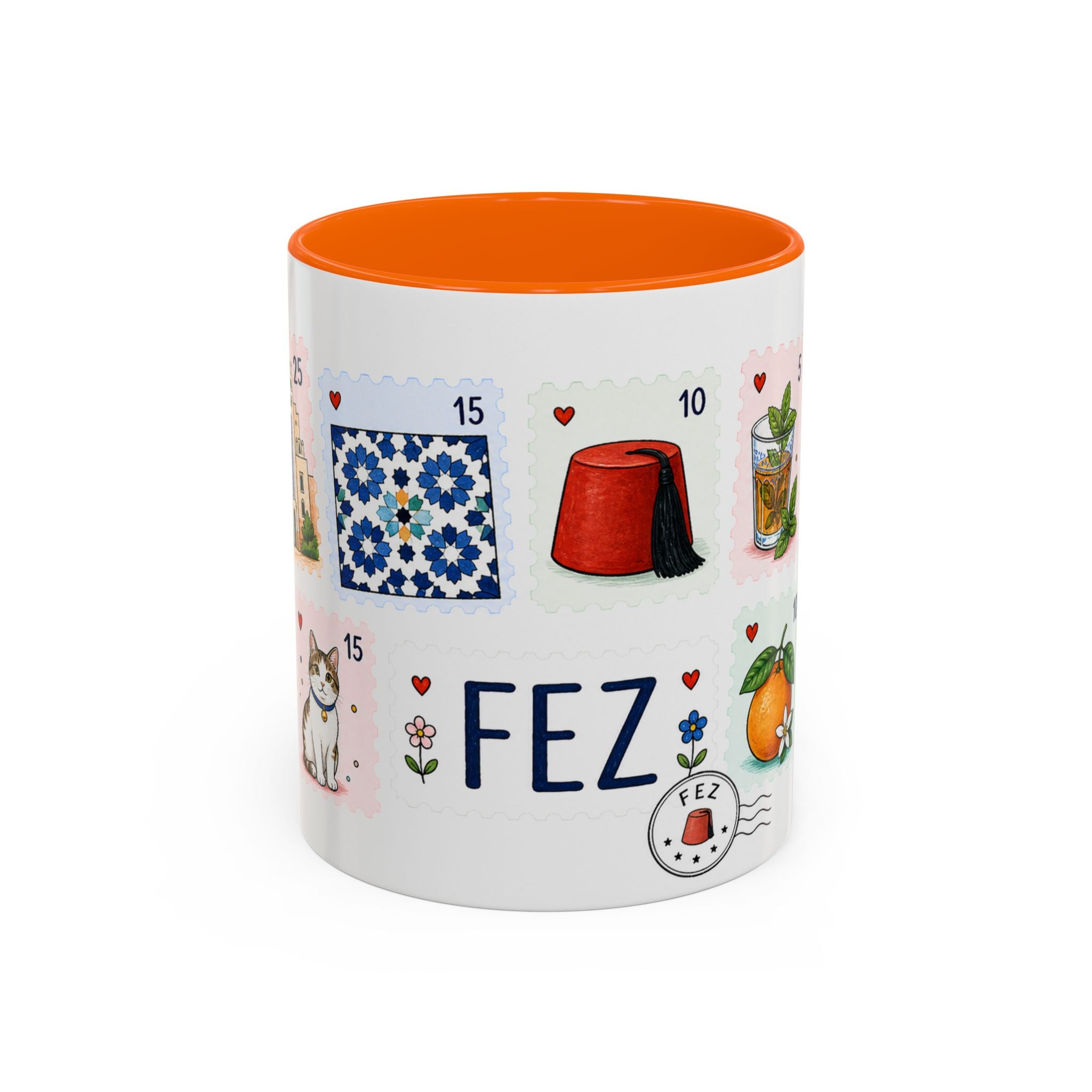 Fez Coffee Mug | Postage Stamp Collage Mug | Travel Souvenir Accent Cup 11oz 15oz