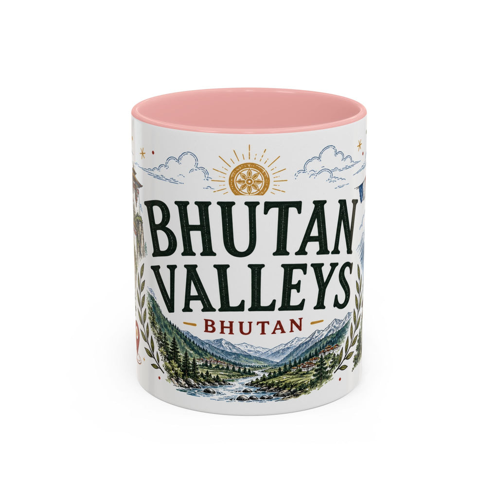 Bhutan Valleys Coffee Mug | Travel Destination Souvenir Gift | Accent Color Ceramic 11oz 15oz