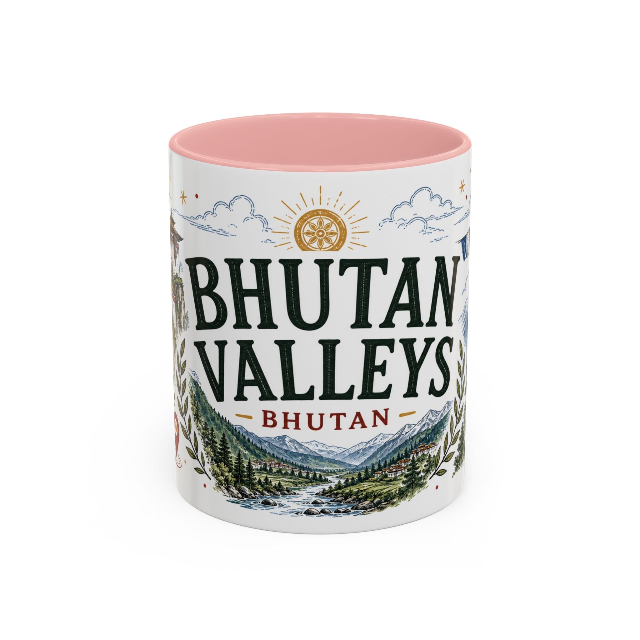 Bhutan Valleys Coffee Mug | Travel Destination Souvenir Gift | Accent Color Ceramic 11oz 15oz