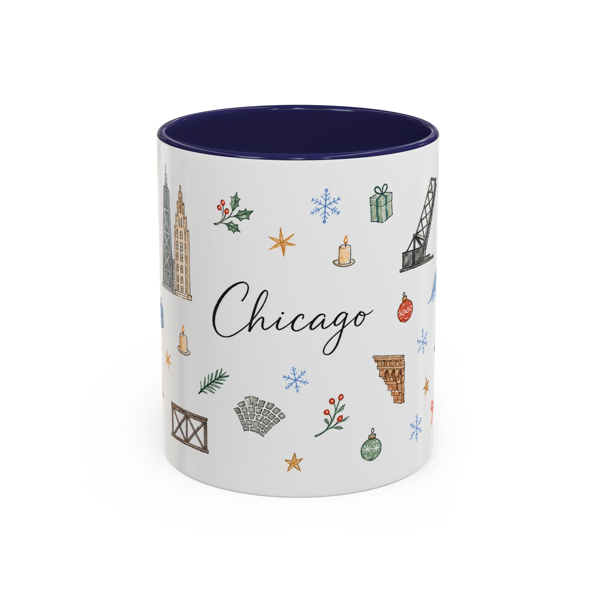 Chicago Christmas Mug | Watercolor Travel Souvenir | Holiday Gift | Accent Ceramic Coffee Cup 11oz 15oz