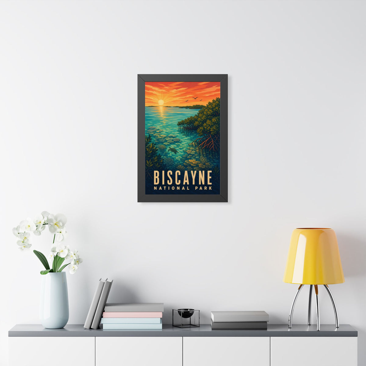 Biscayne National Park Framed Poster | Vintage Travel Wall Art | Black Walnut White Frame | 16x24 20x30