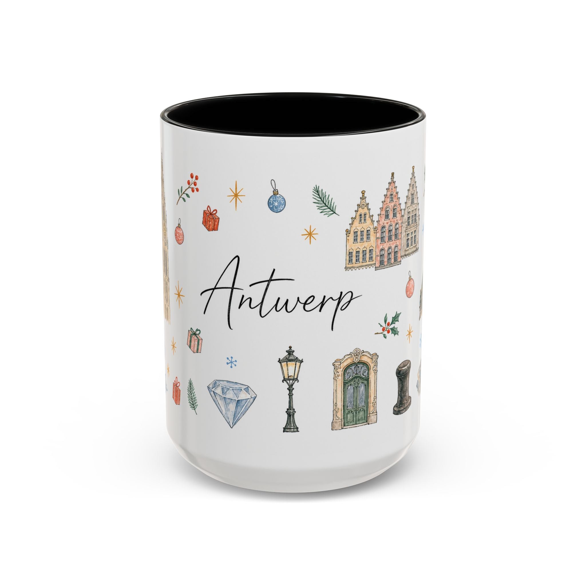 Antwerp Christmas Mug | Watercolor Travel Souvenir | Holiday Gift | Accent Ceramic Coffee Cup 11oz 15oz