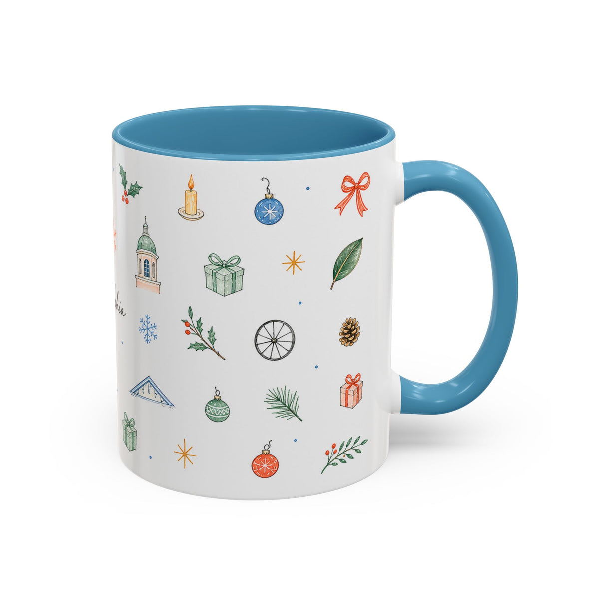Philadelphia Christmas Mug | Watercolor Travel Souvenir | Holiday Gift | Accent Ceramic Coffee Cup 11oz 15oz