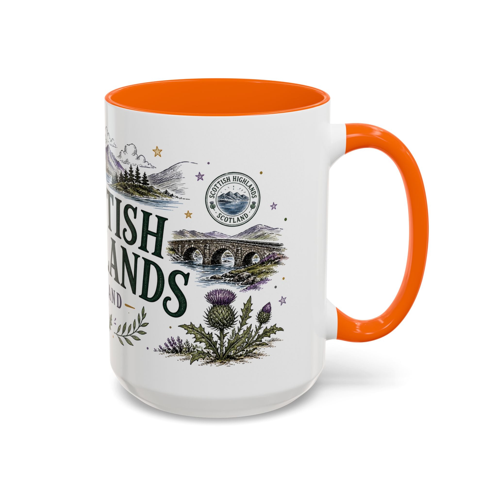 Scottish Highlands Coffee Mug | Travel Destination Souvenir Gift | Accent Color Ceramic 11oz 15oz